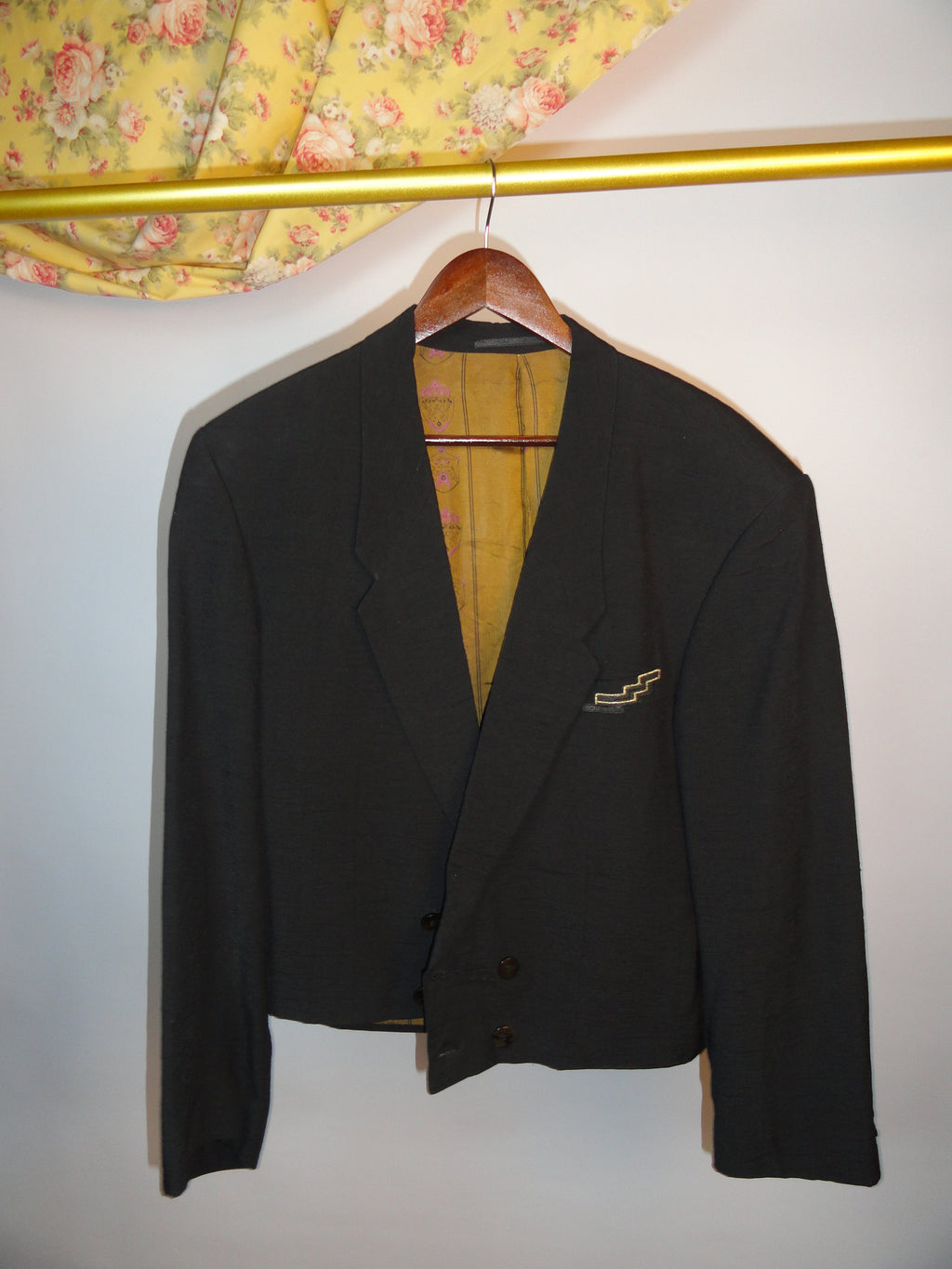 Black Cropped Blazer With Gold Embroidery