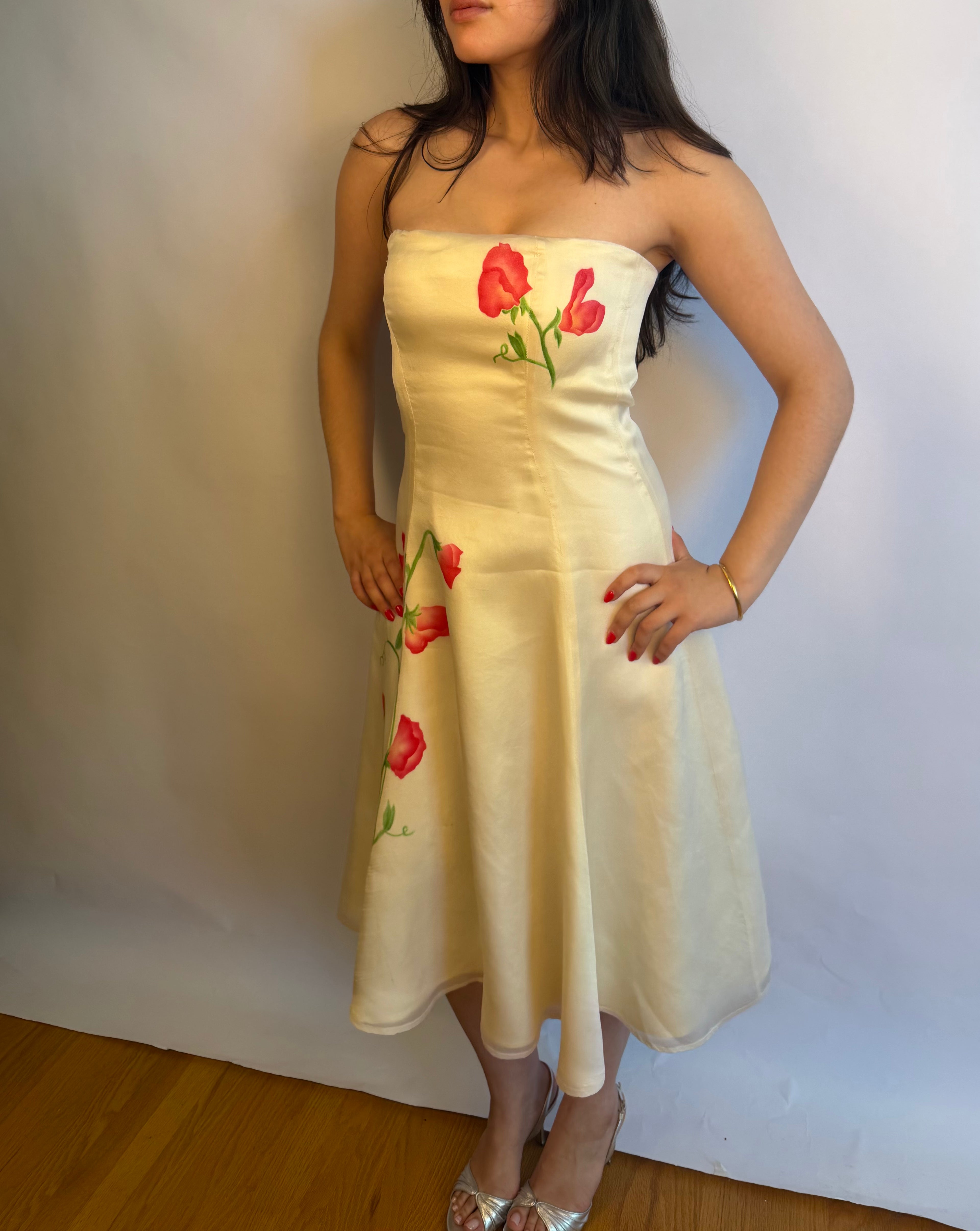 Cream & Flower Design Midi Dress