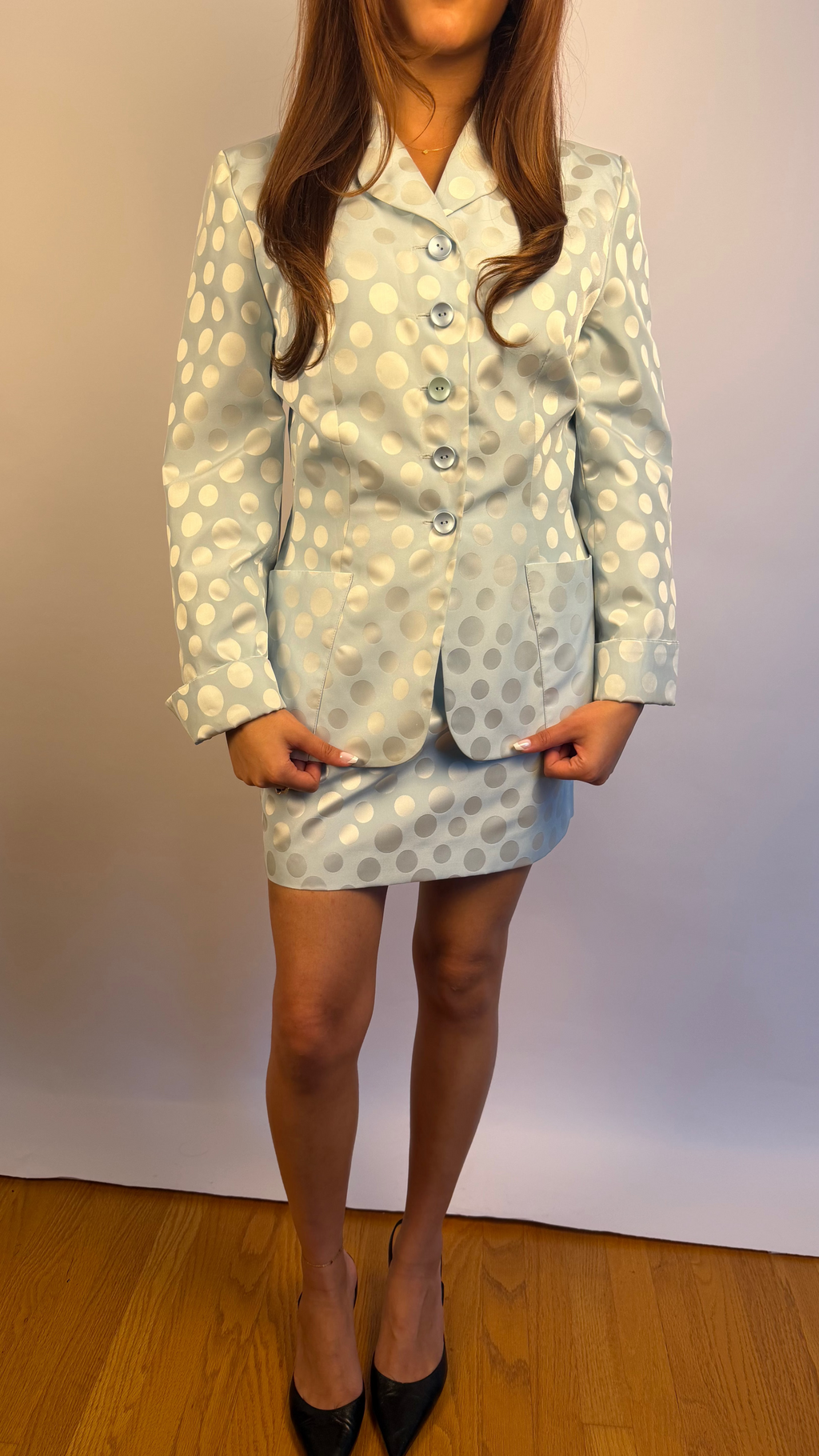Light Blue Polka-Dot Mini Skirt Suit Set