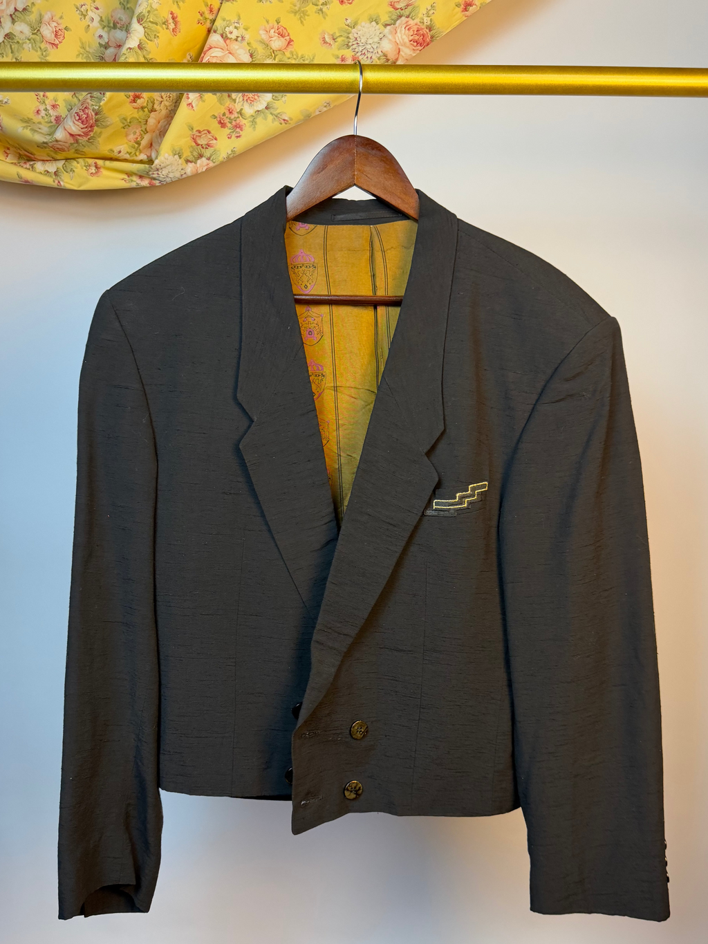 Black Cropped Blazer With Gold Embroidery