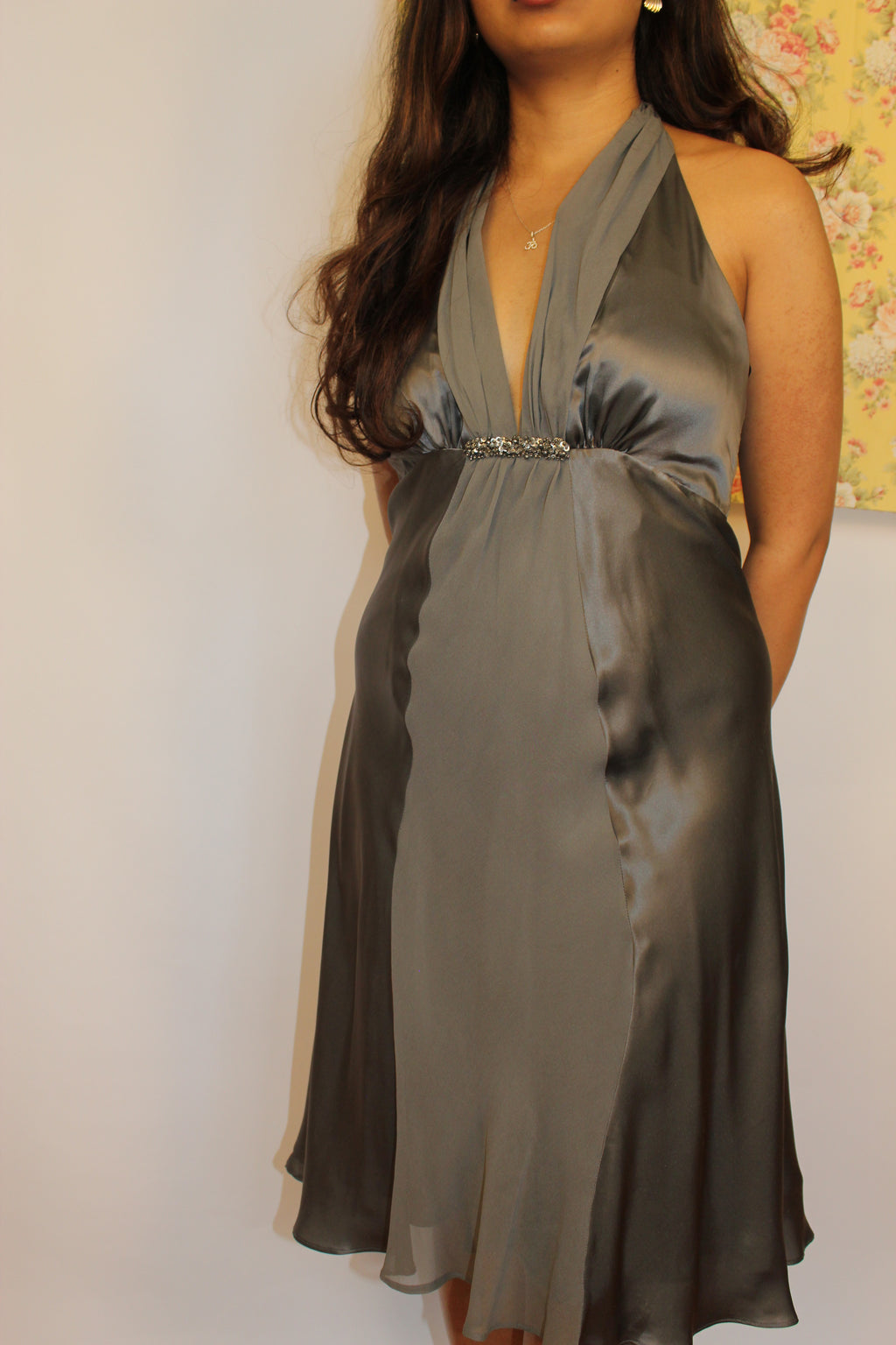 Grey Silk Halter Dress