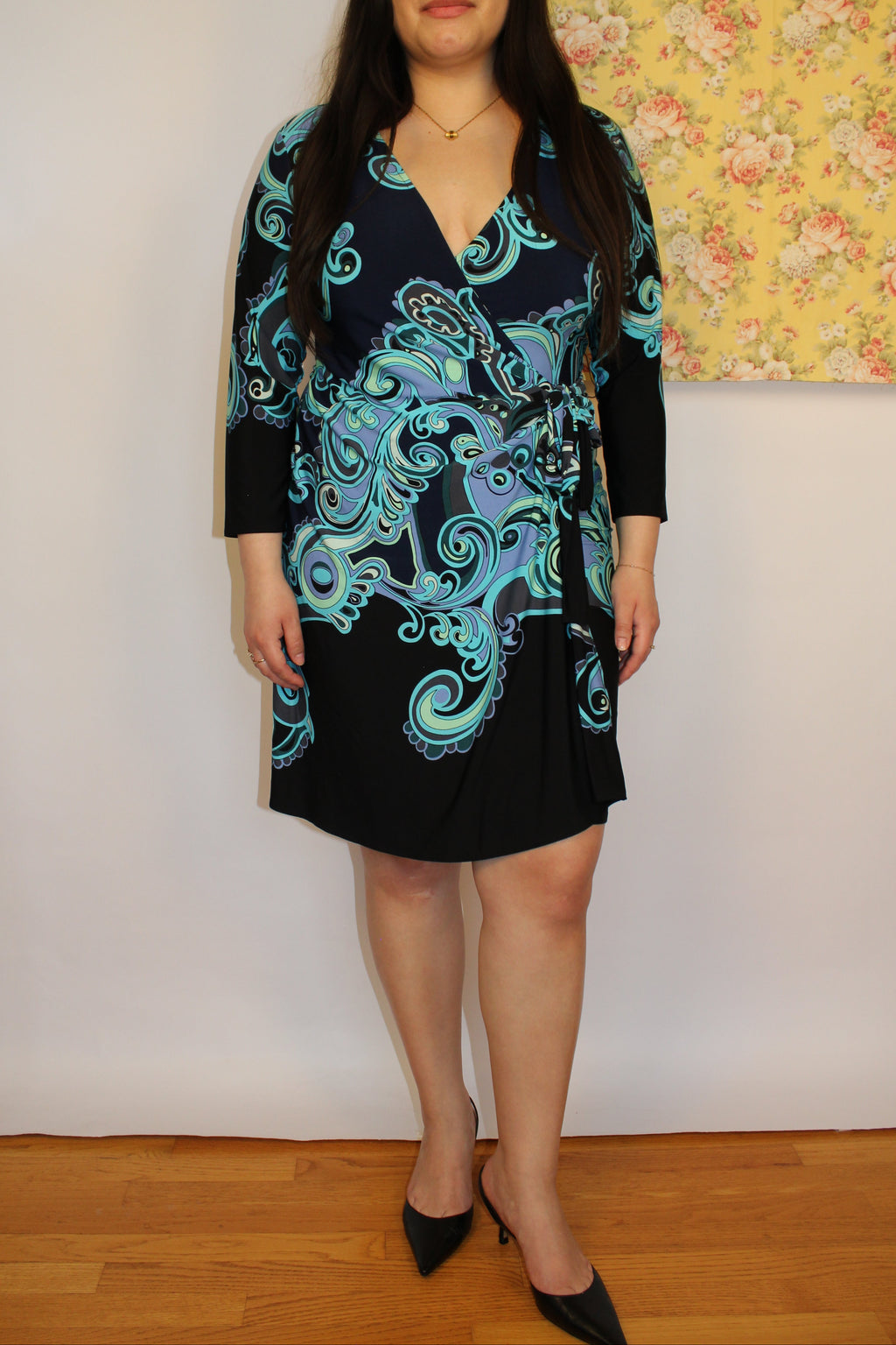 Blue Long-sleeve Wrap Dress