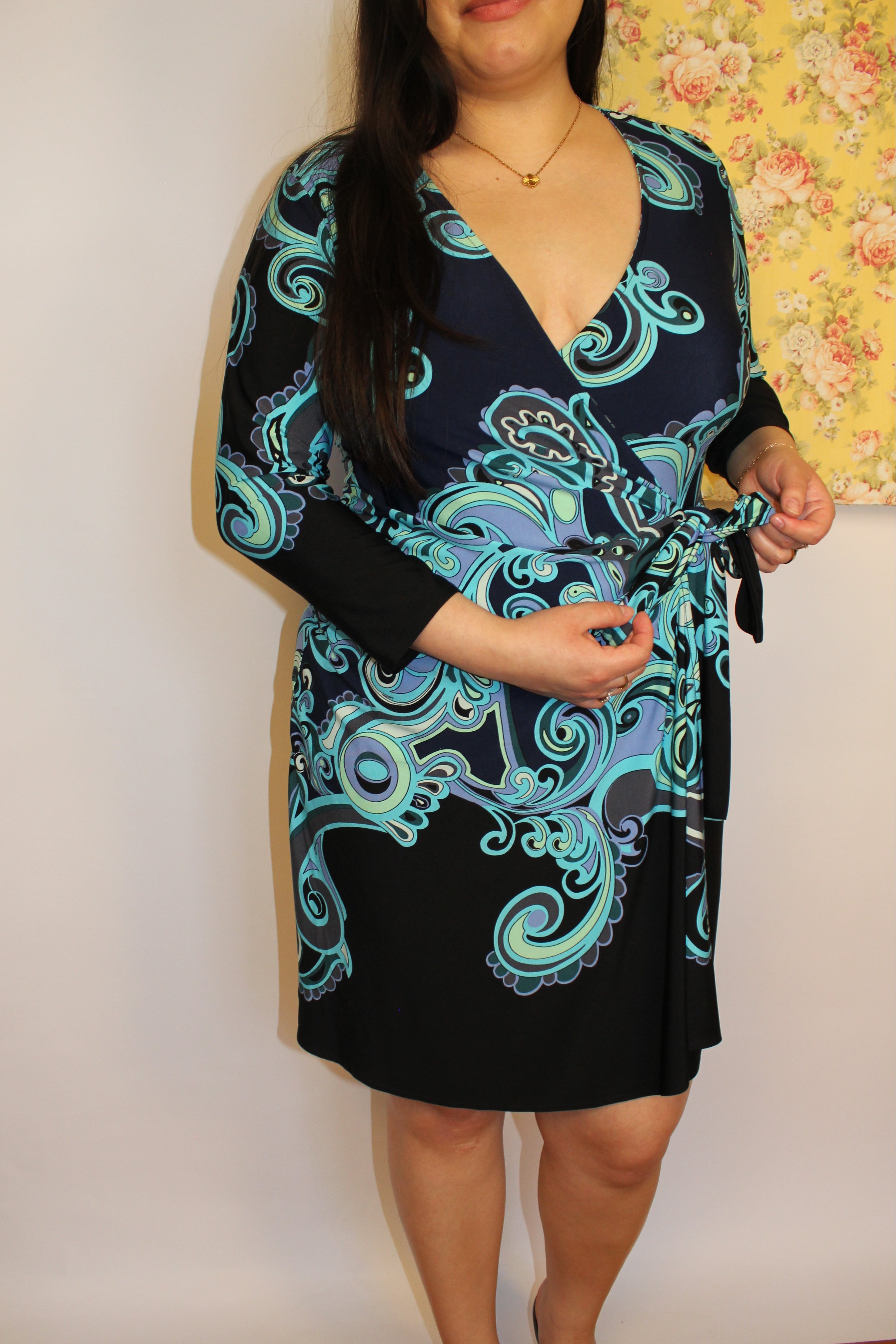 Blue Long-sleeve Wrap Dress