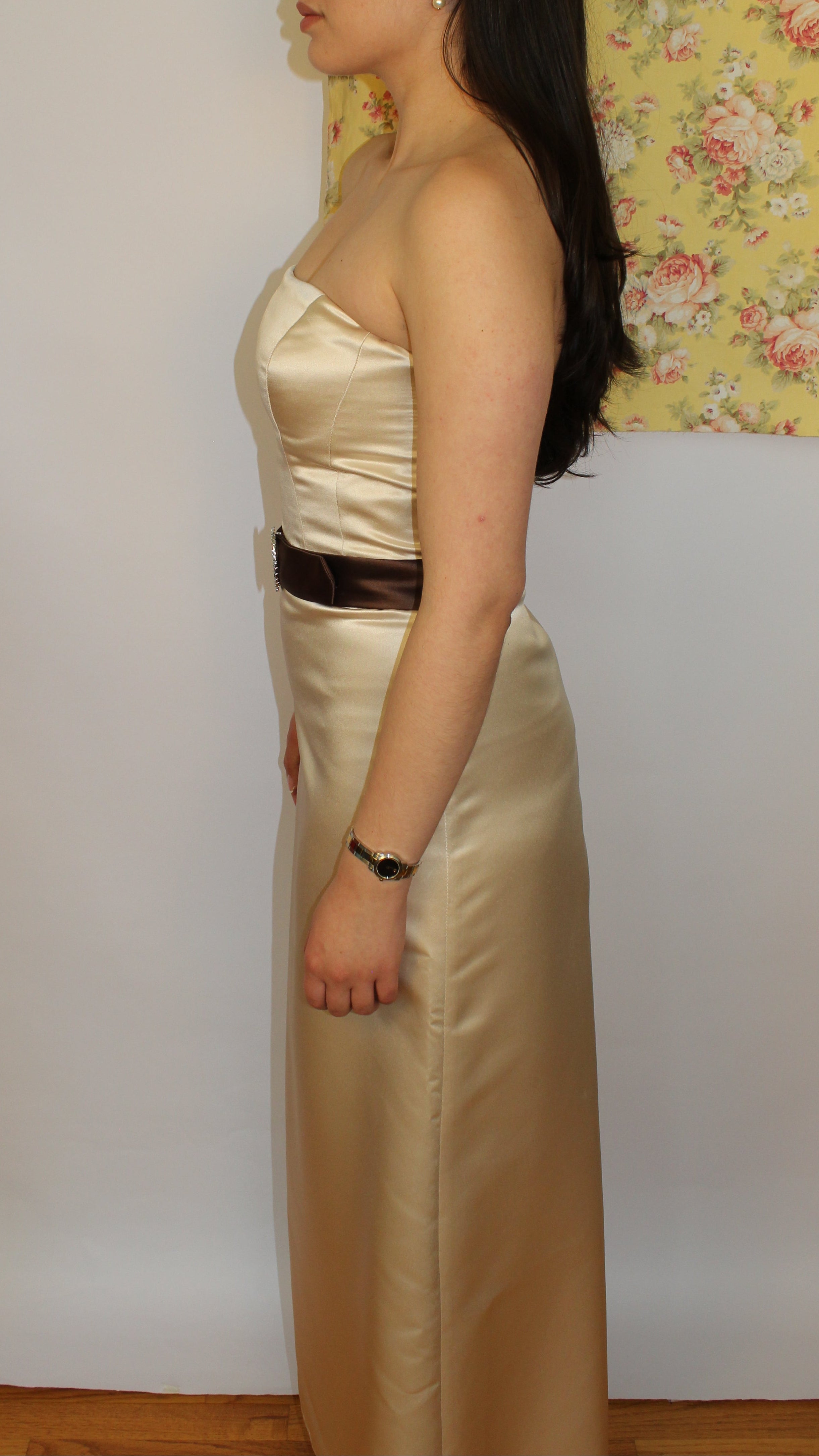 Champagne Gold Evening Dress with Brown Belt