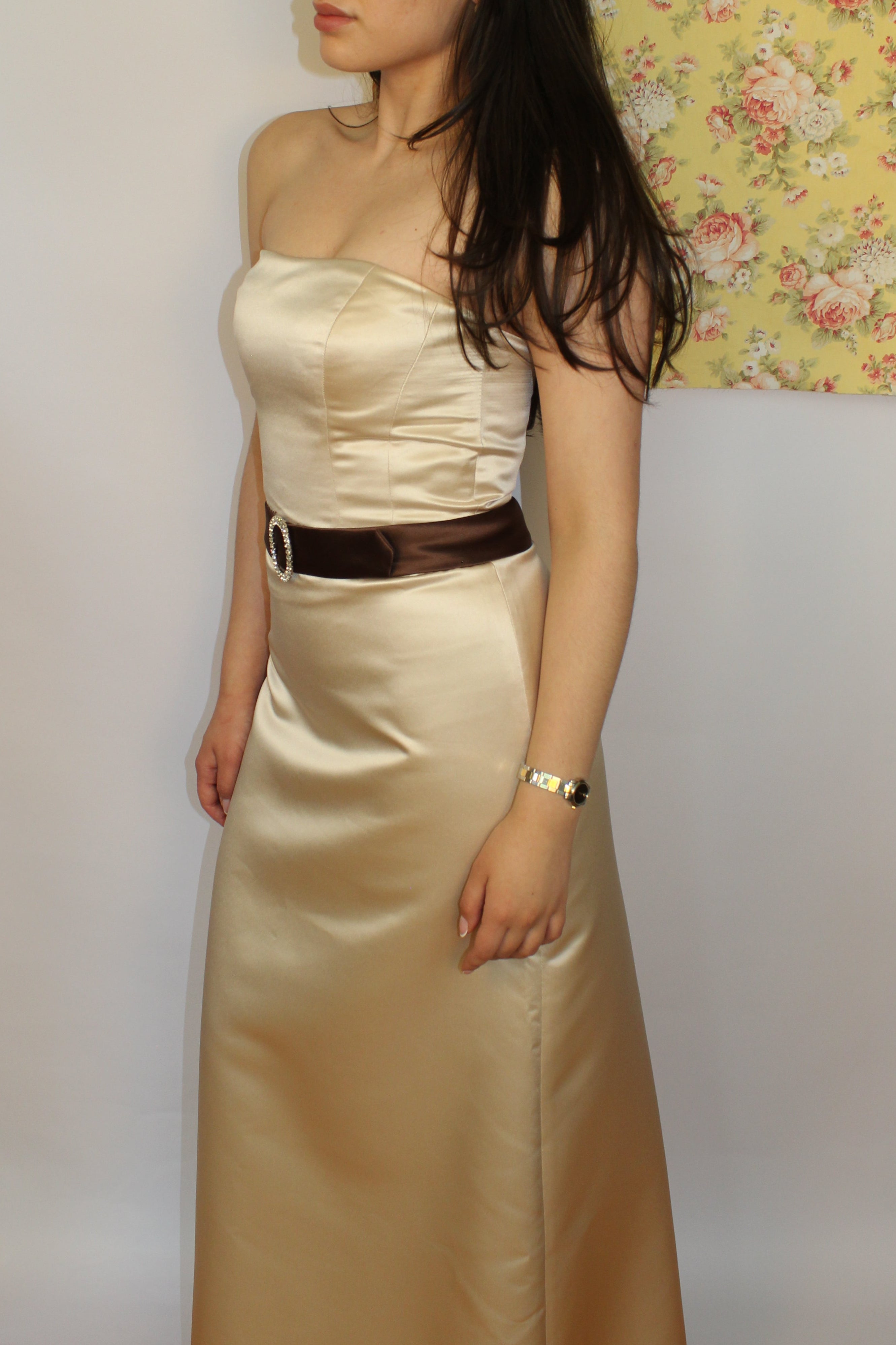 Champagne Gold Evening Dress with Brown Belt