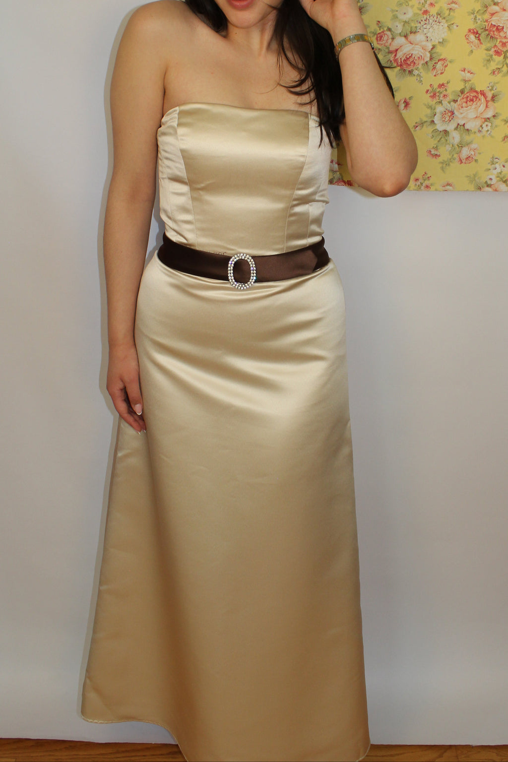 Champagne Gold Evening Dress with Brown Belt