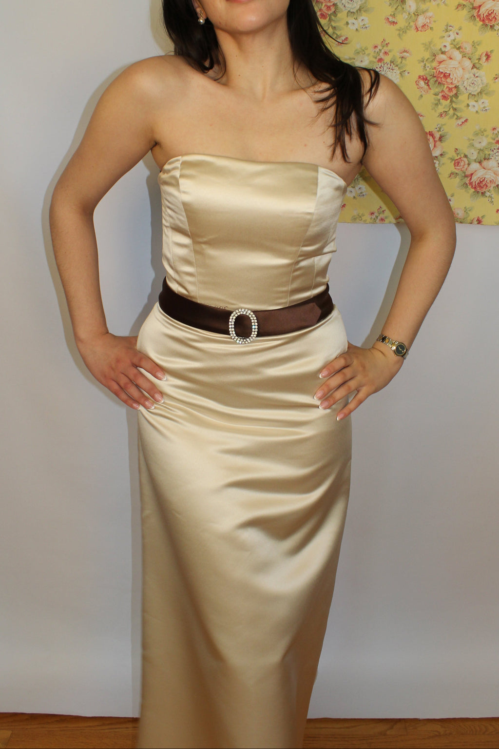 Champagne Gold Evening Dress with Brown Belt