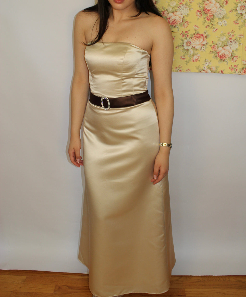 Champagne Gold Evening Dress with Brown Belt