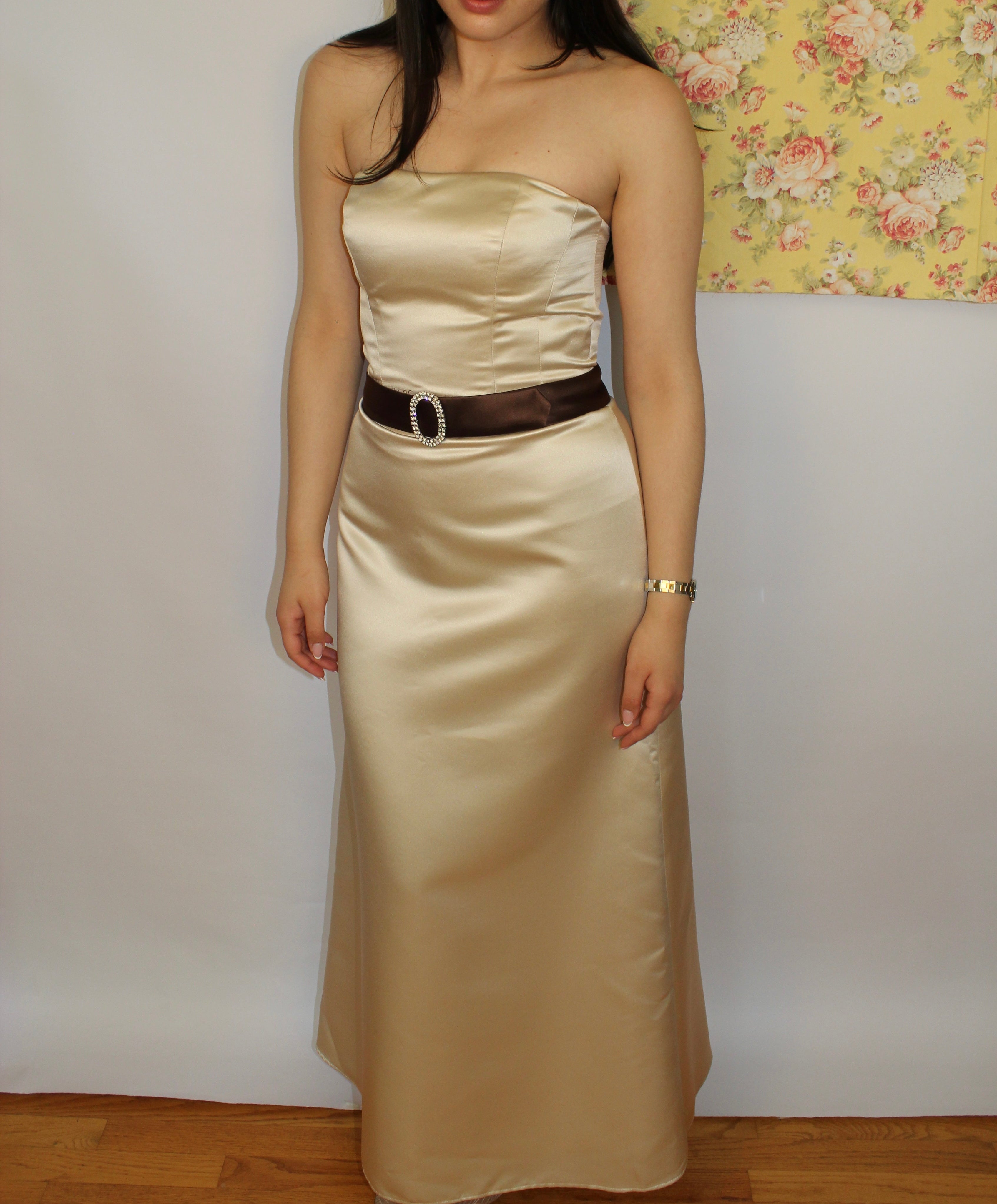 Champagne Gold Evening Dress with Brown Belt