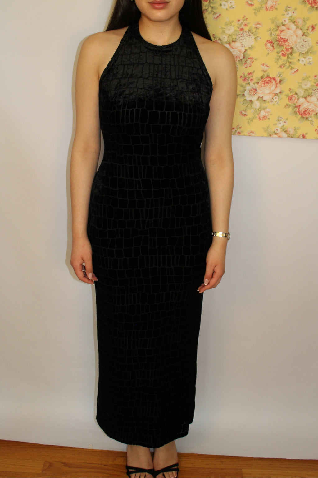 Black Crocodile-Textured Evening Dress