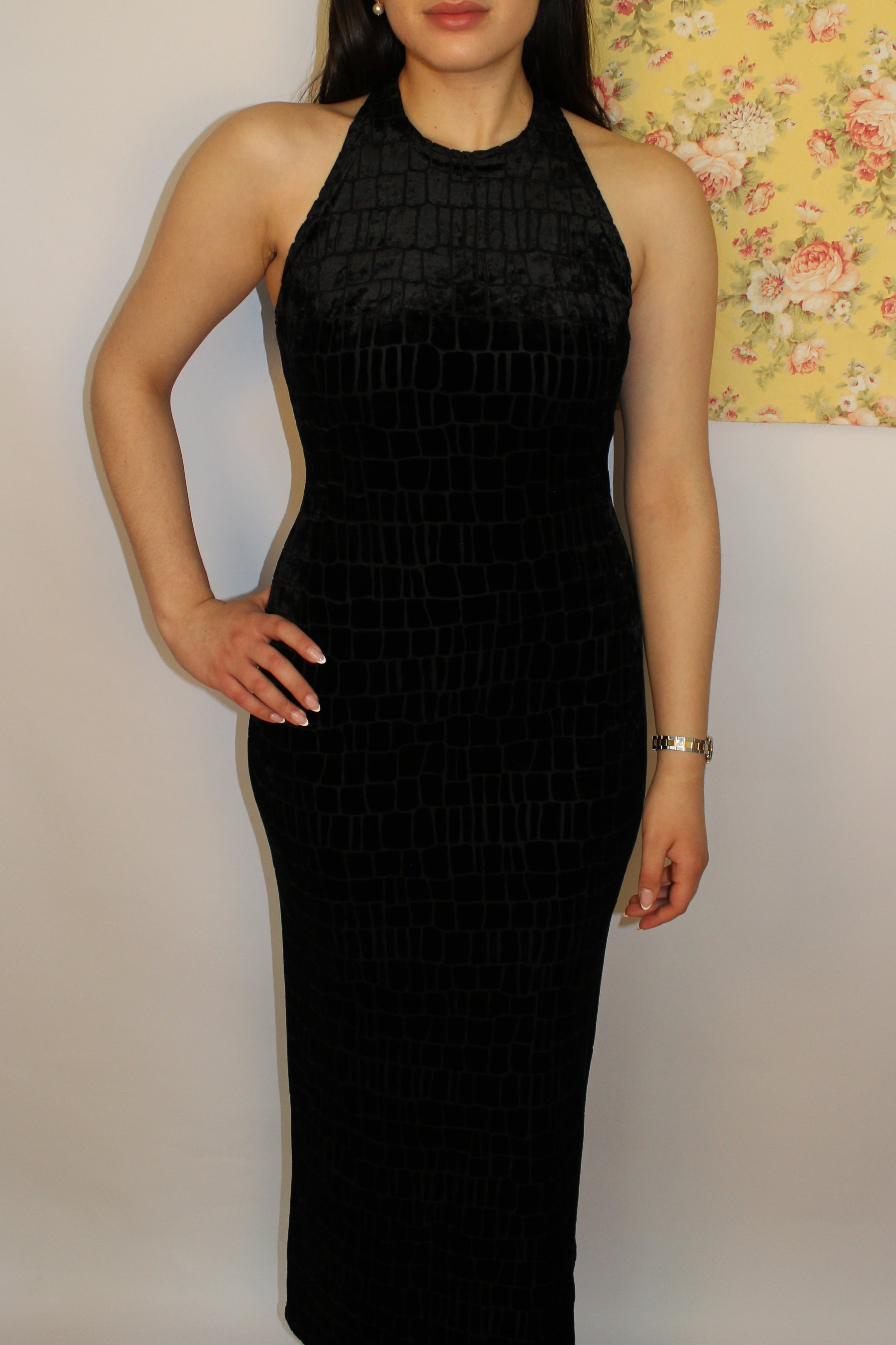 Black Crocodile-Textured Evening Dress