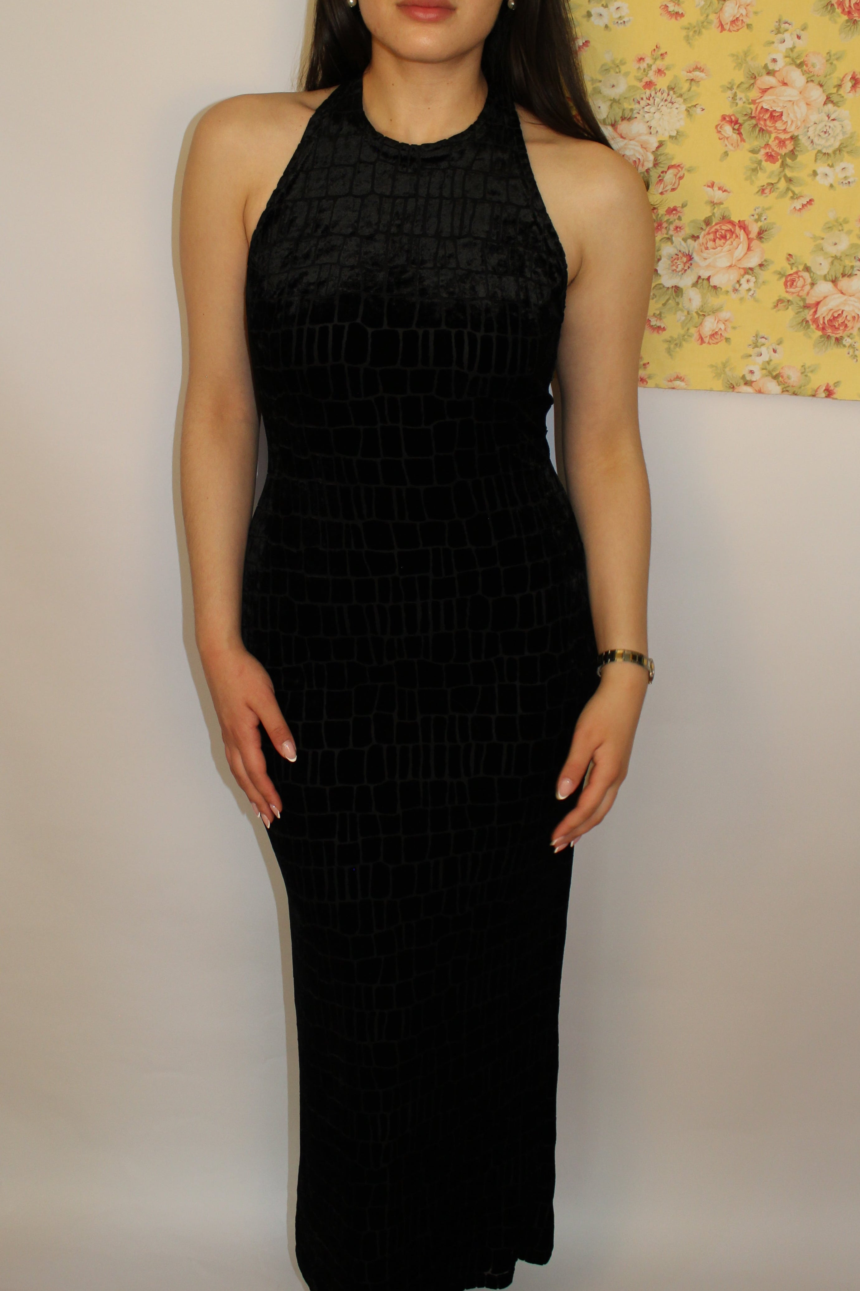 Black Crocodile-Textured Evening Dress