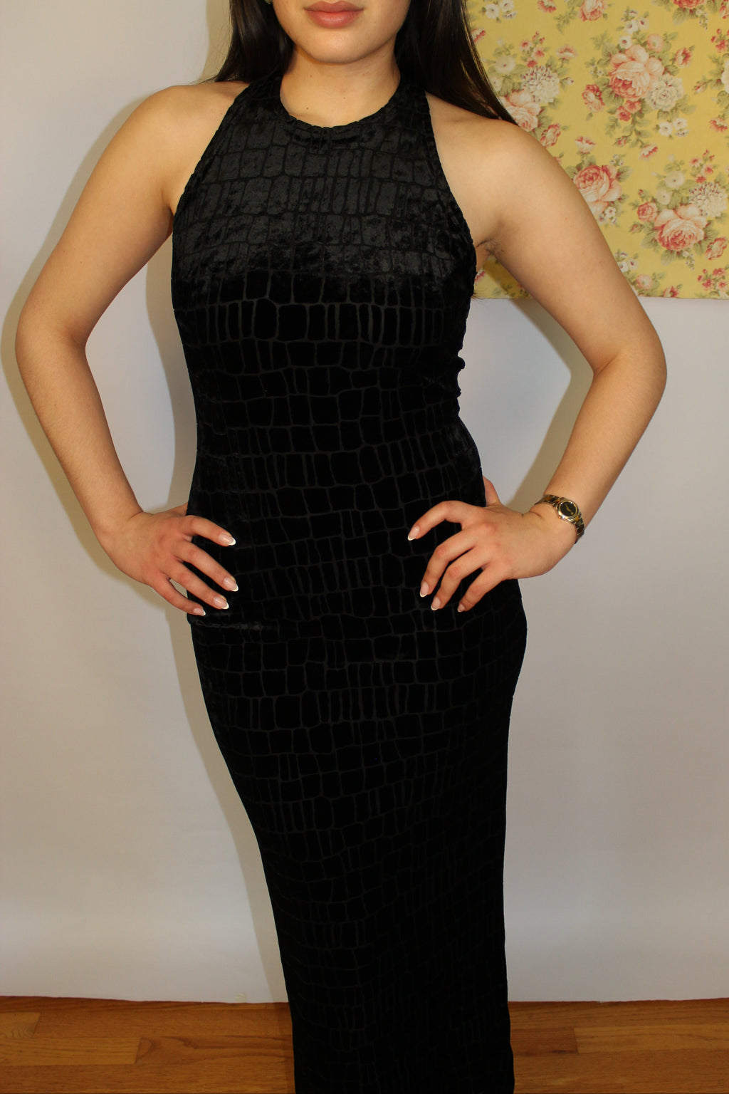 Black Crocodile-Textured Evening Dress