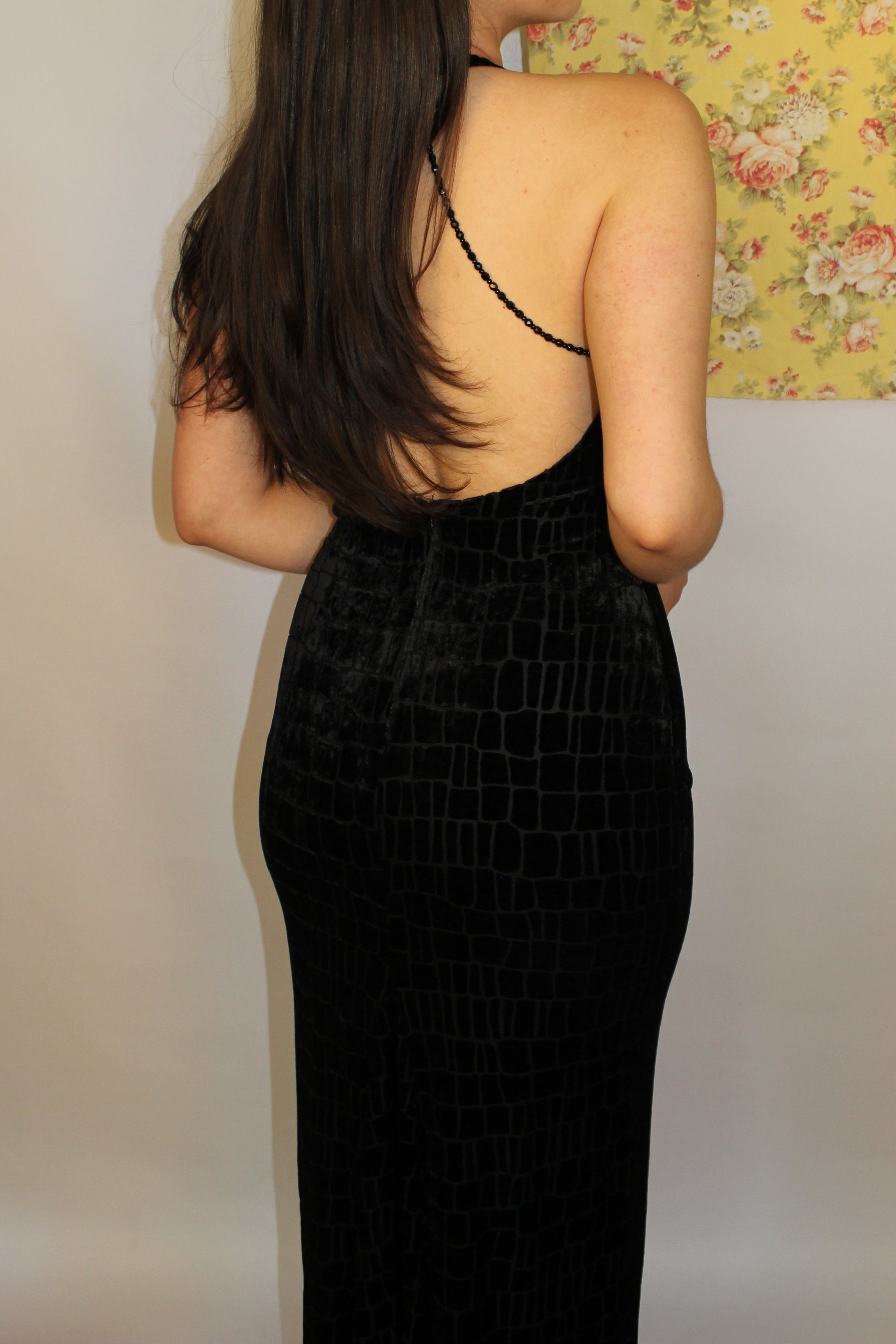 Black Crocodile-Textured Evening Dress