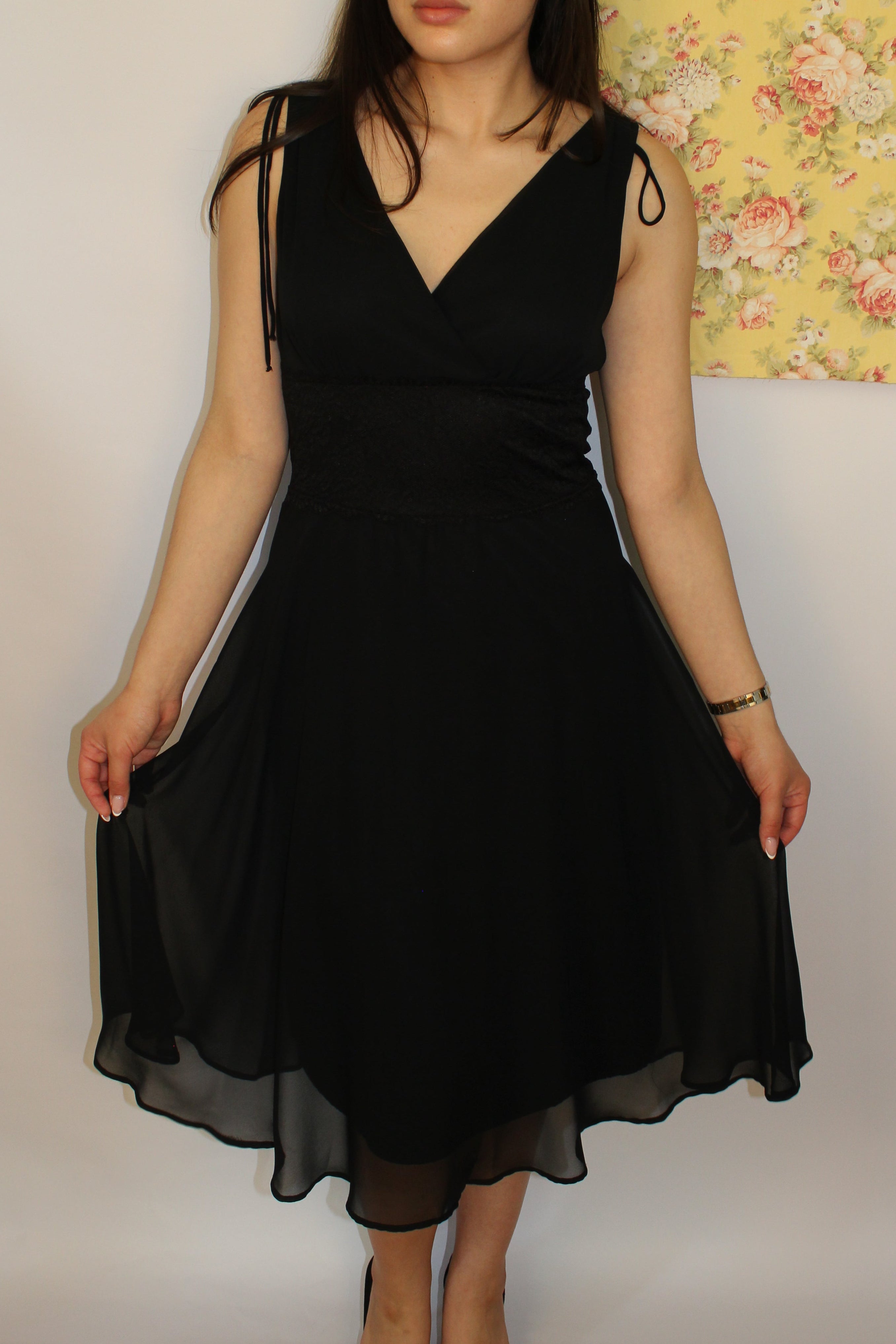 Black Lace Waist Detail Midi Dress