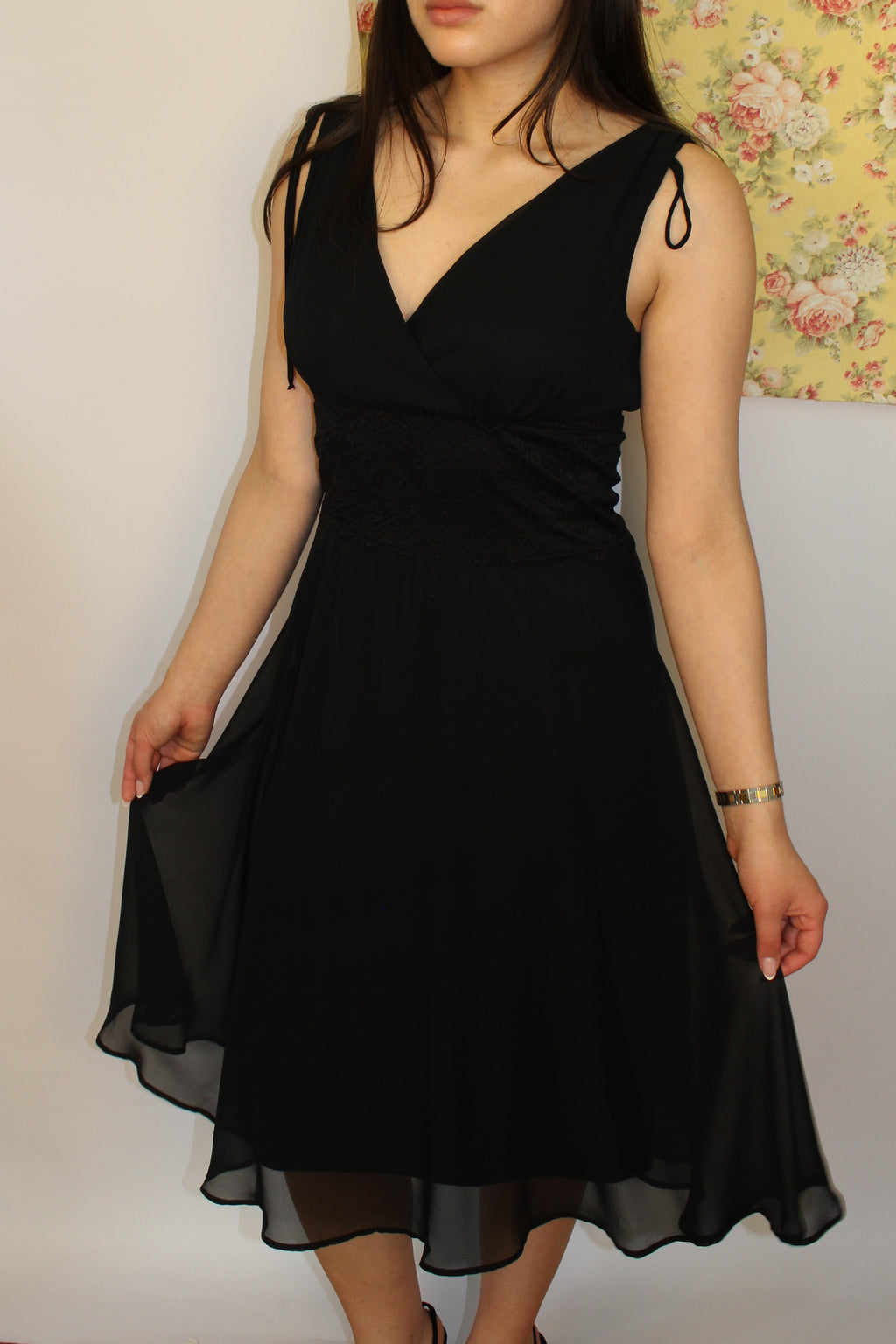 Black Lace Waist Detail Midi Dress