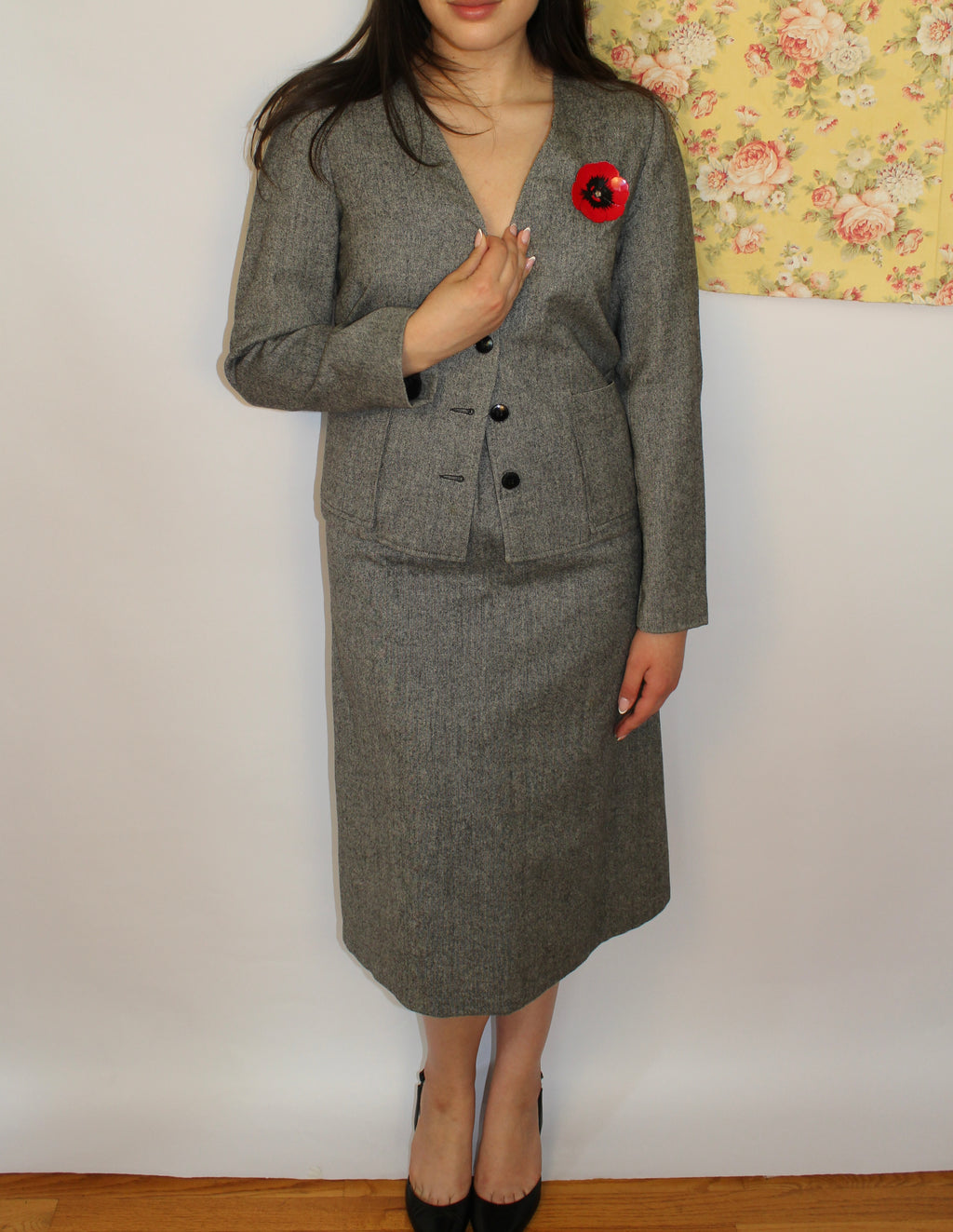 Grey Wool 2-piece Suit Skirt Set