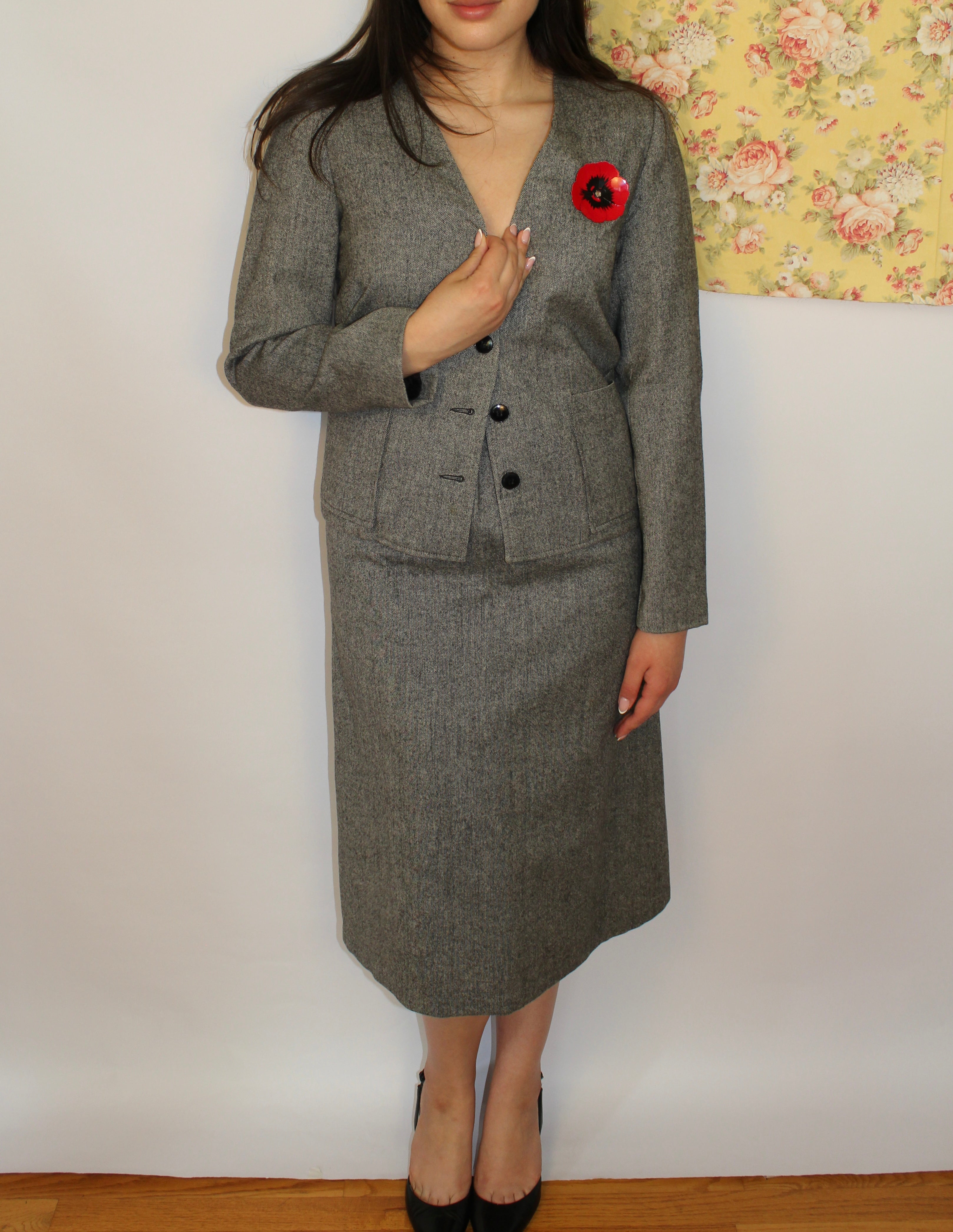 Grey Wool 2-piece Suit Skirt Set