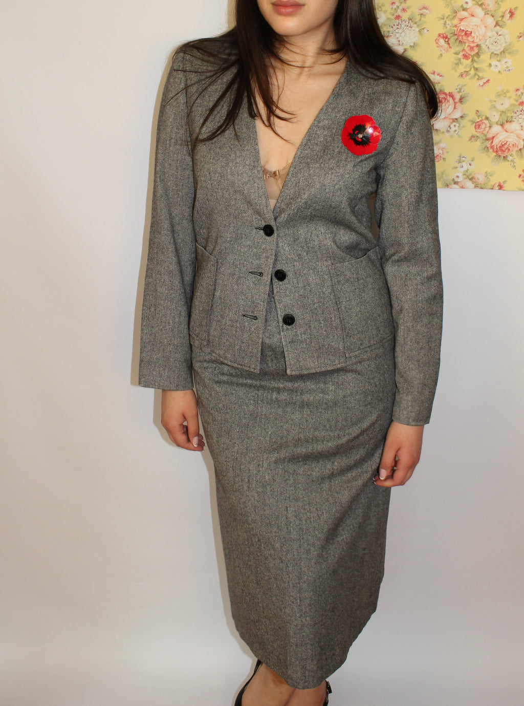 Grey Wool 2-piece Suit Skirt Set