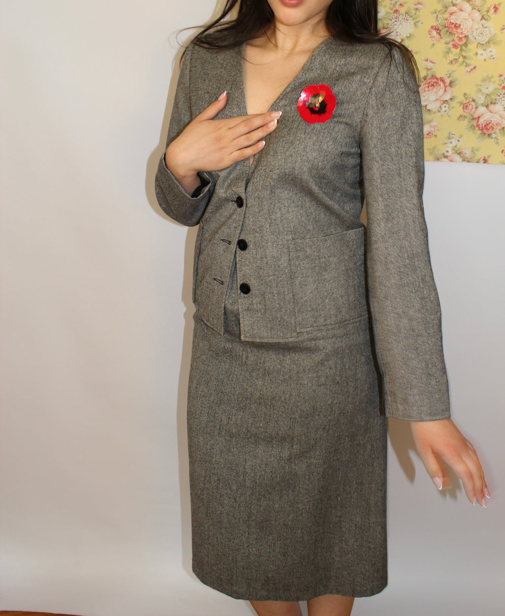 Grey Wool 2-piece Suit Skirt Set