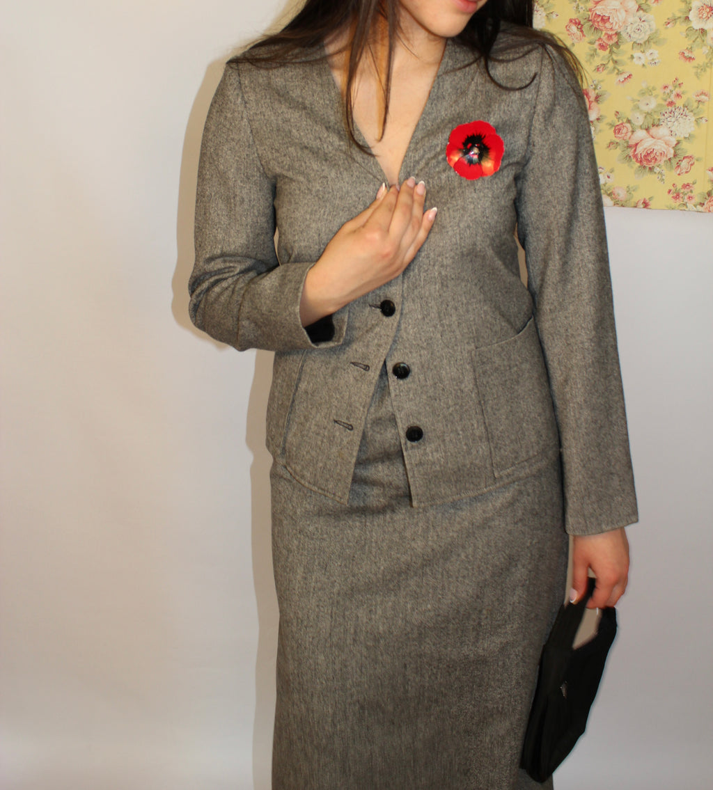 Grey Wool 2-piece Suit Skirt Set