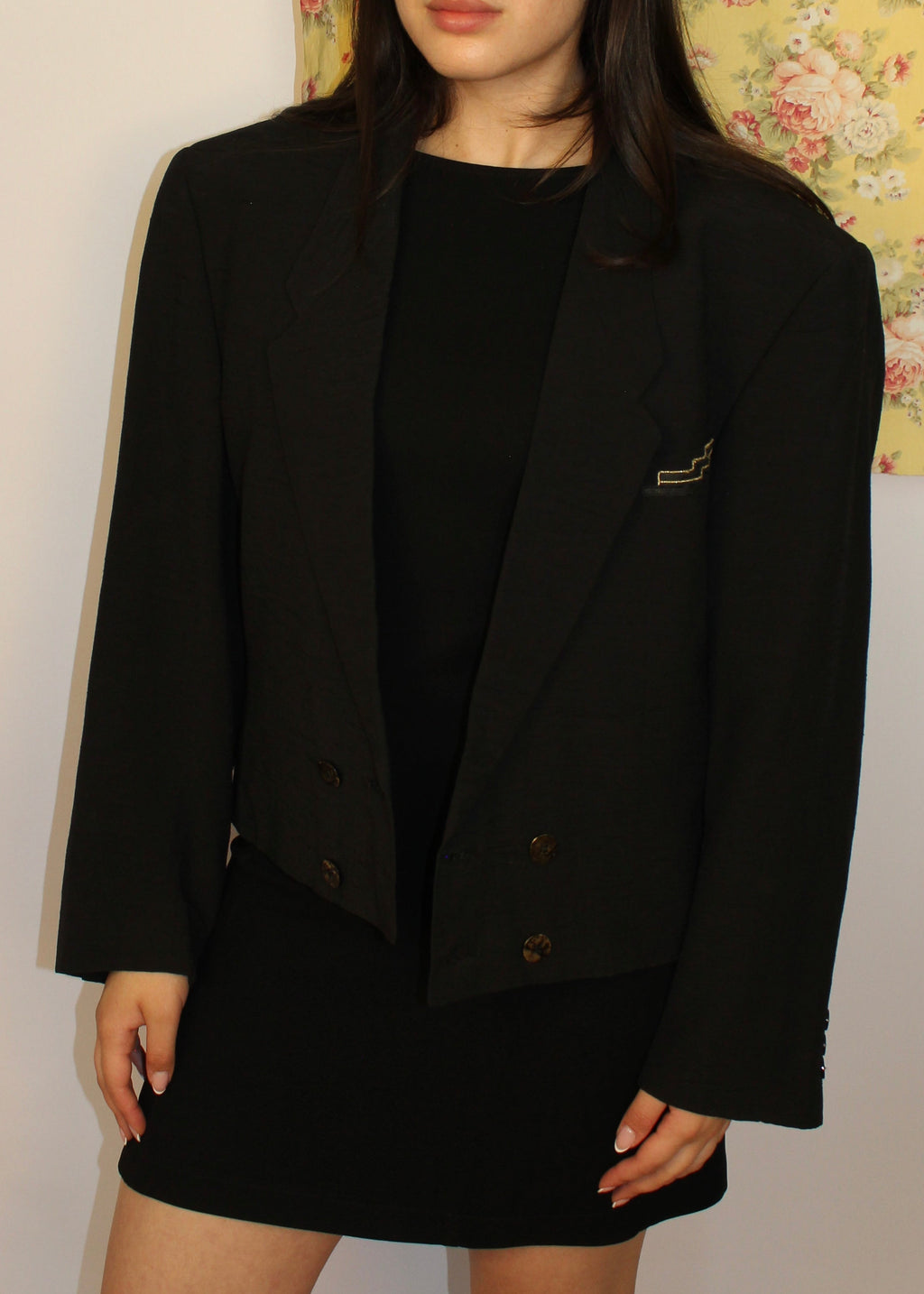 Black Cropped Blazer With Gold Embroidery
