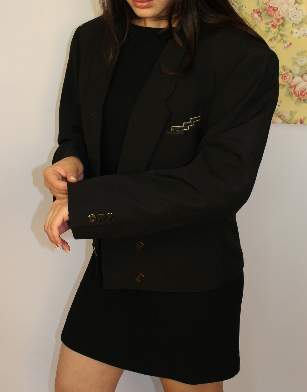 Black Cropped Blazer With Gold Embroidery