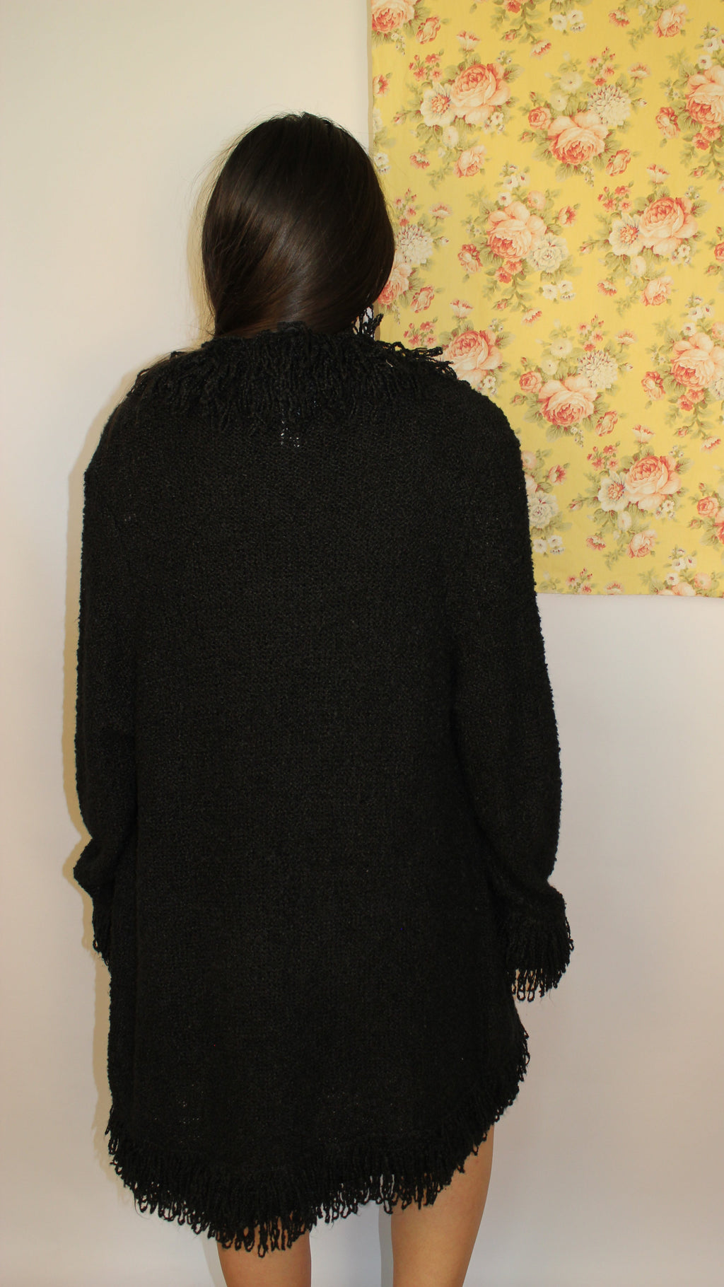 Black Knit Open Cardigan with Textured Trim