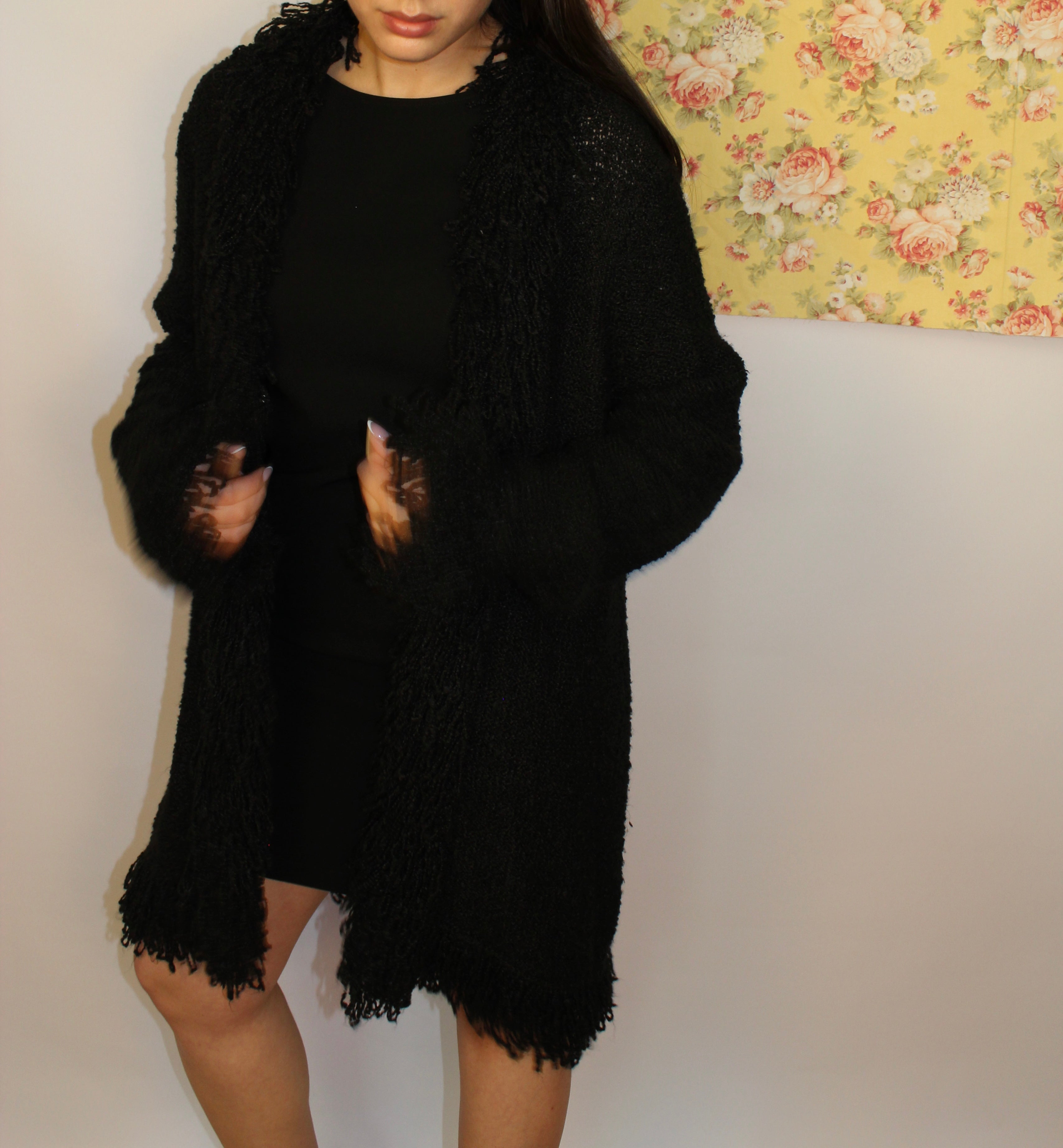 Black Knit Open Cardigan with Textured Trim