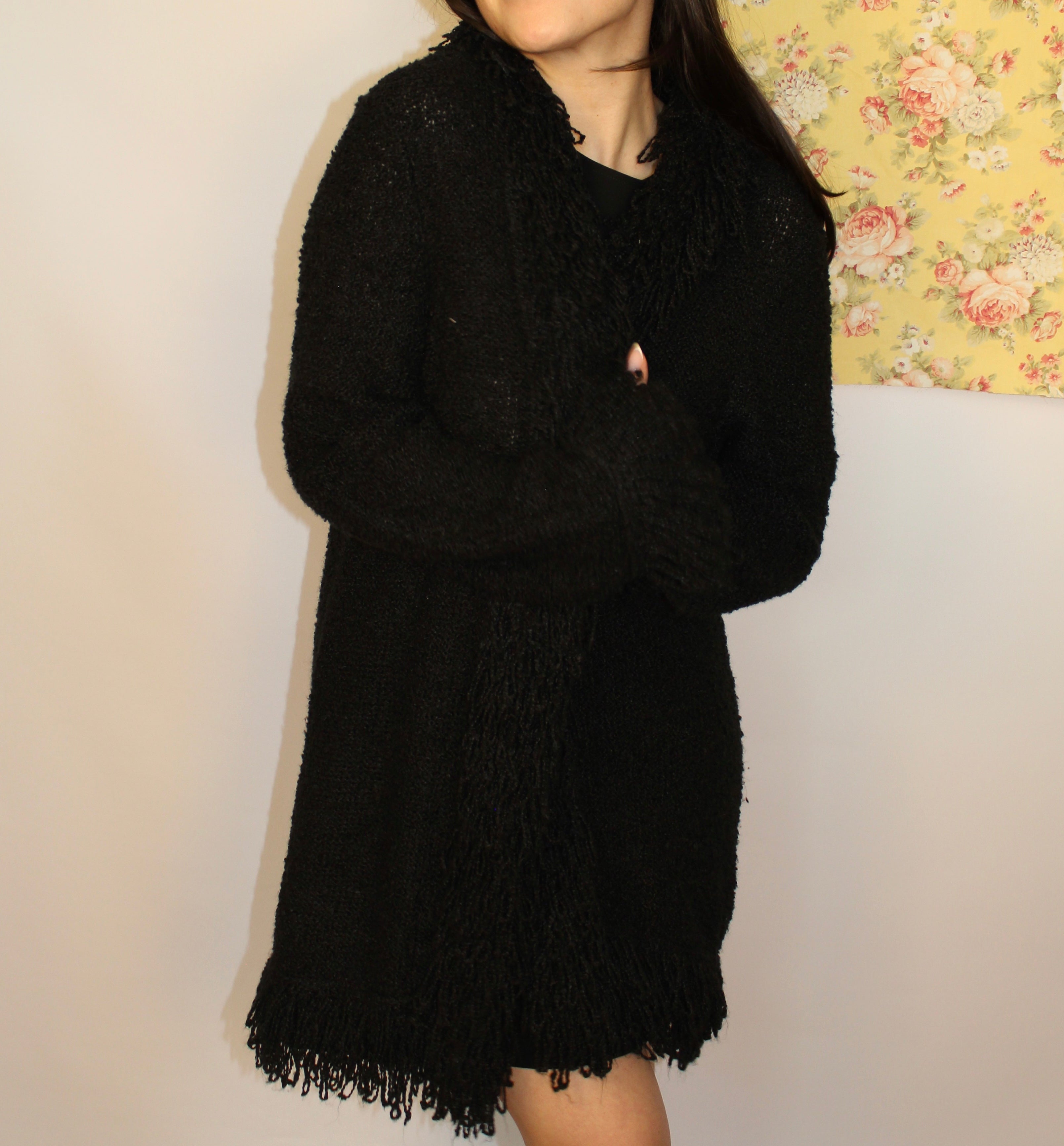 Black Knit Open Cardigan with Textured Trim