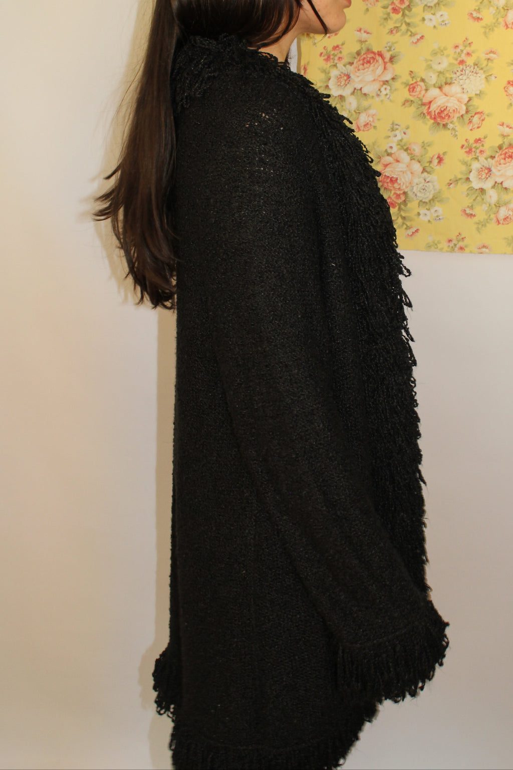 Black Knit Open Cardigan with Textured Trim