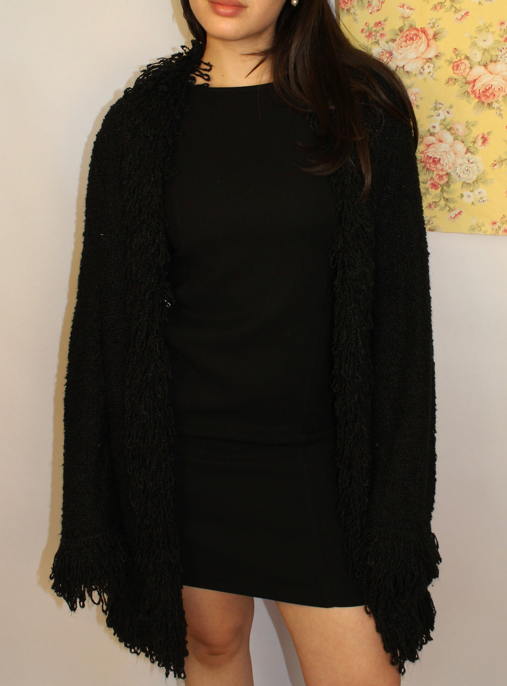 Black Knit Open Cardigan with Textured Trim