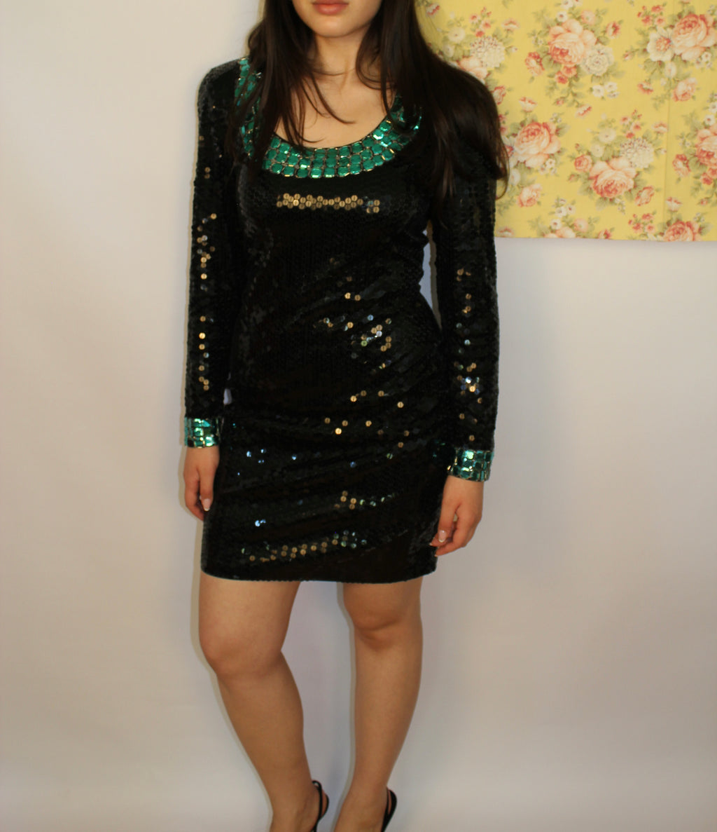 Black & Green Sequin Mini Dress