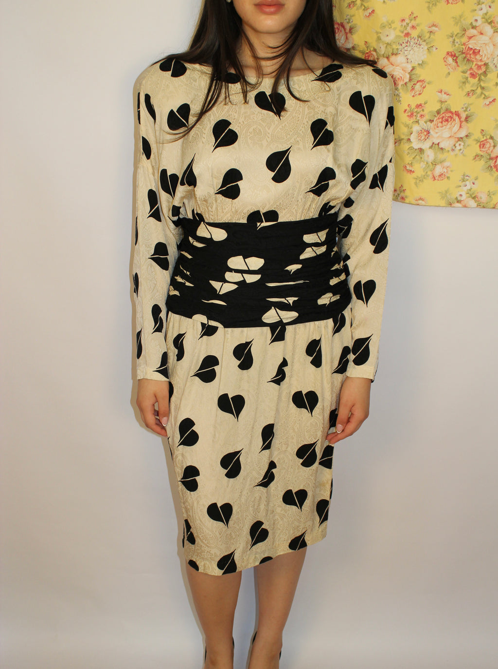 Black & Cream Midi 100% Silk Dress