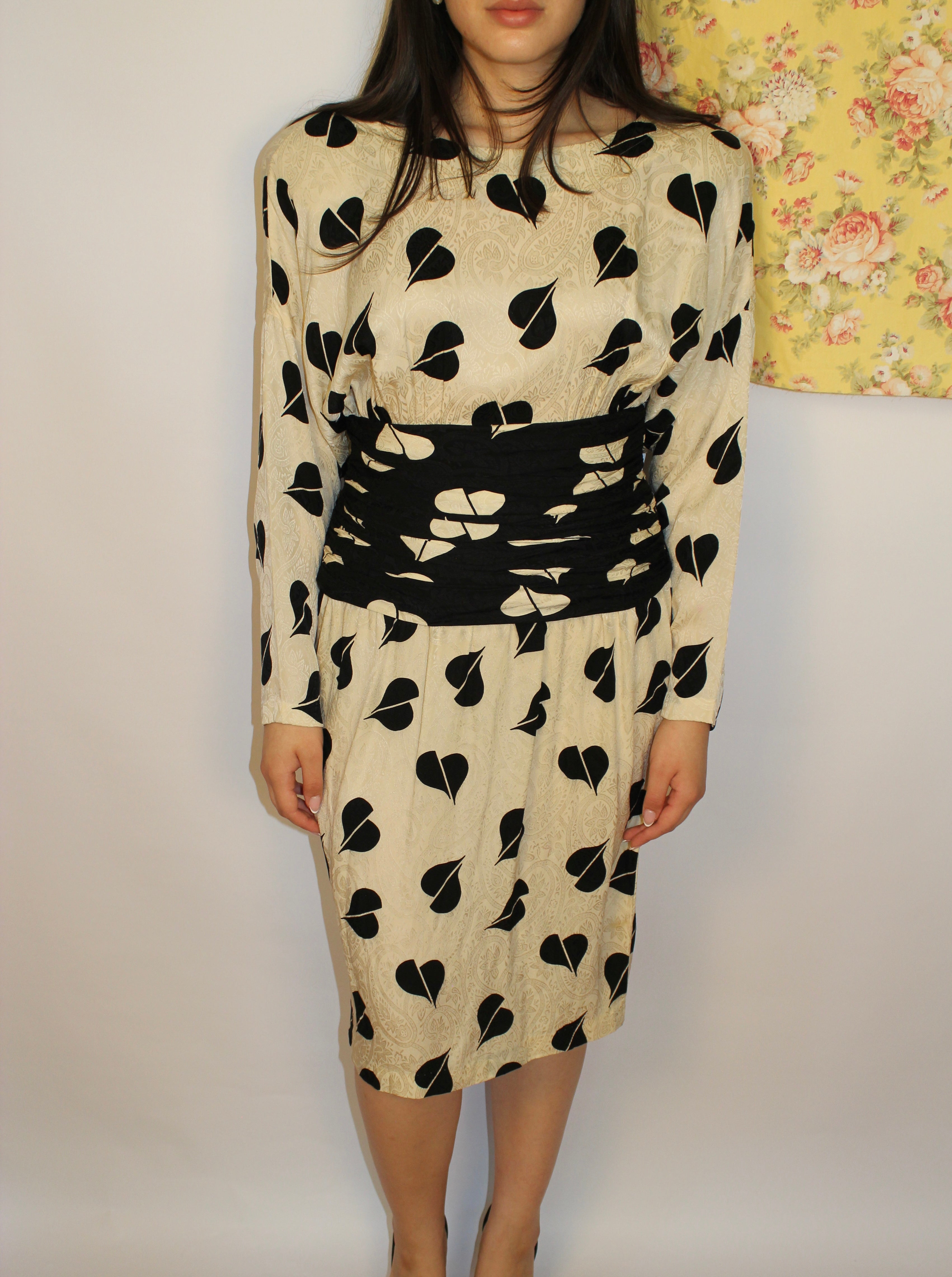 Black & Cream Midi 100% Silk Dress