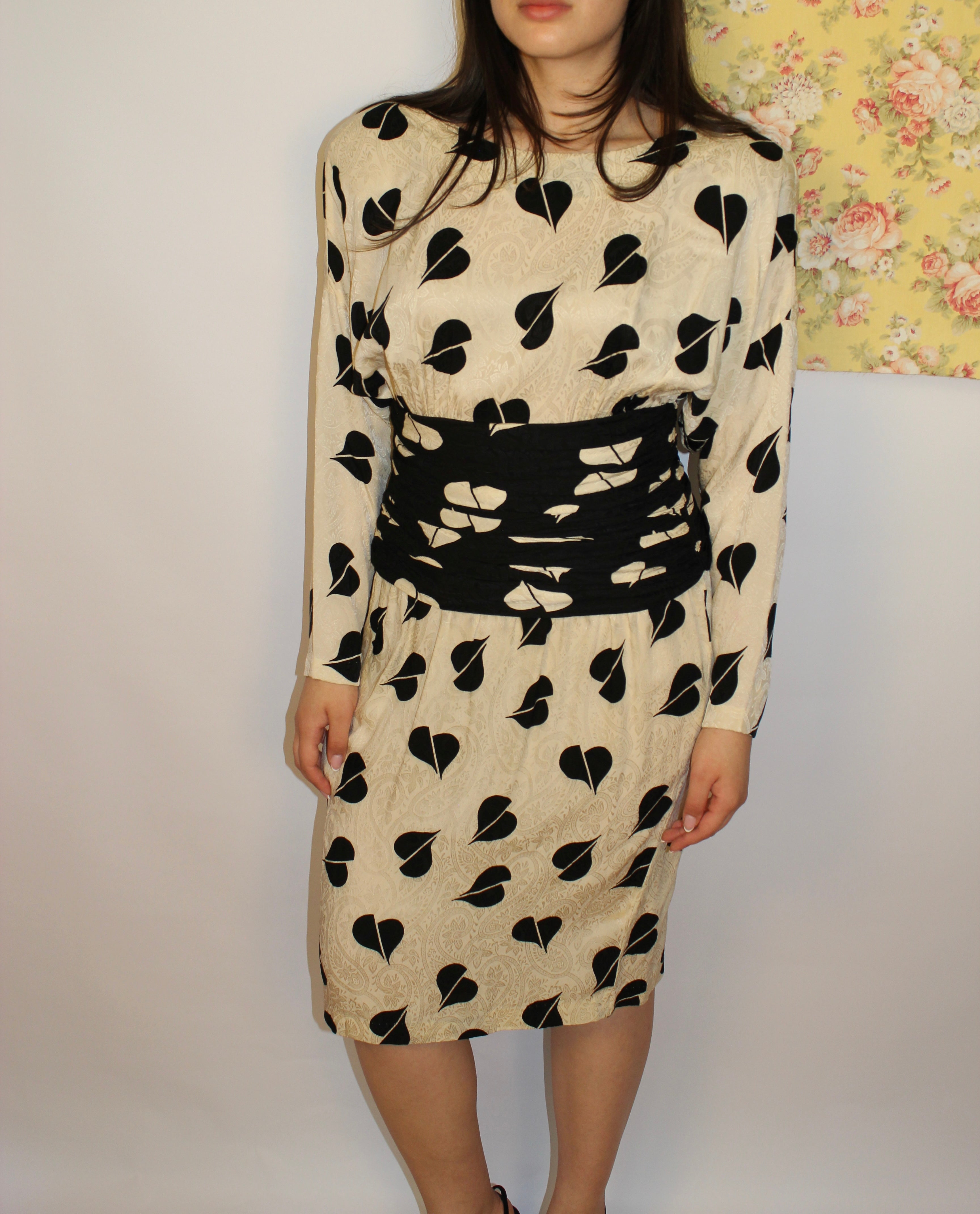 Black & Cream Midi 100% Silk Dress