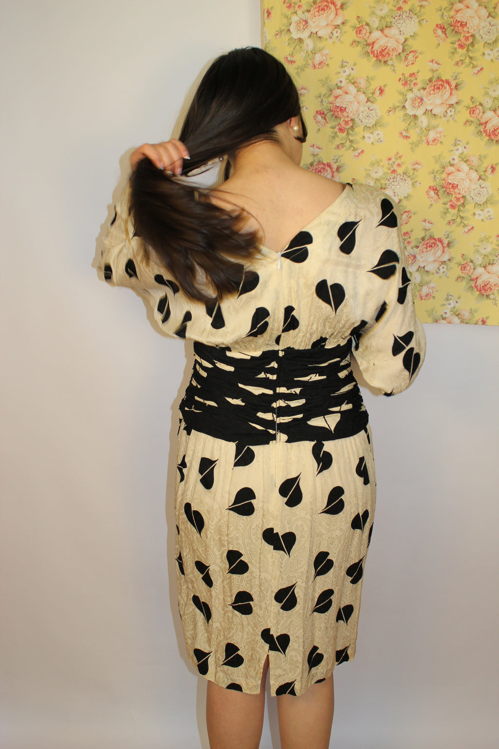 Black & Cream Midi 100% Silk Dress