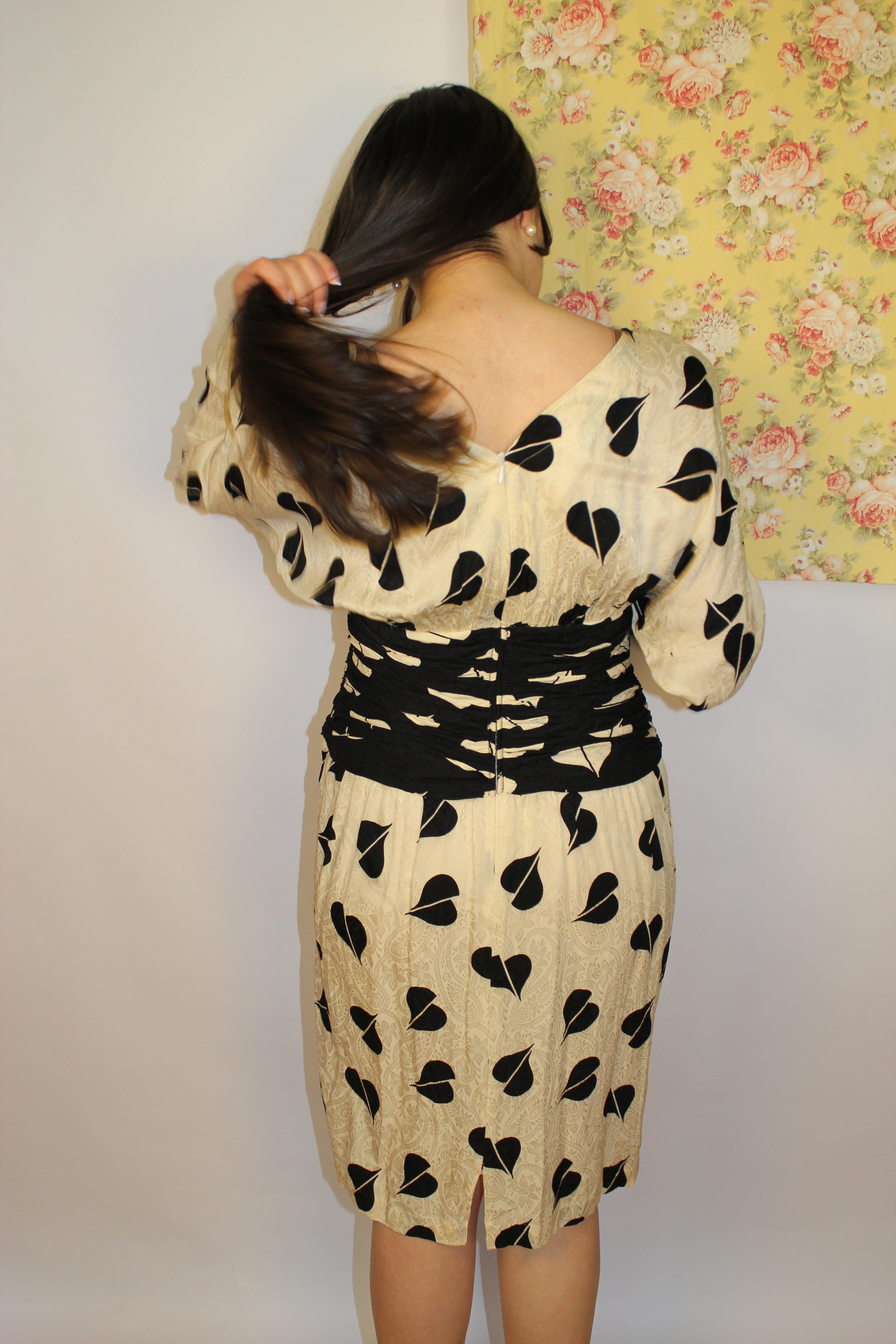 Black & Cream Midi 100% Silk Dress