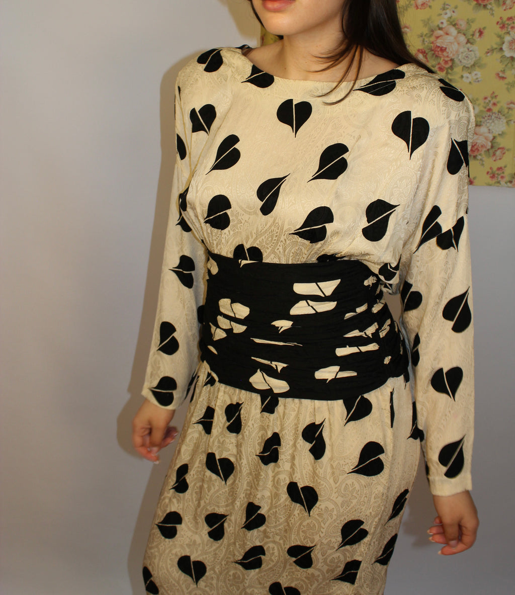 Black & Cream Midi 100% Silk Dress