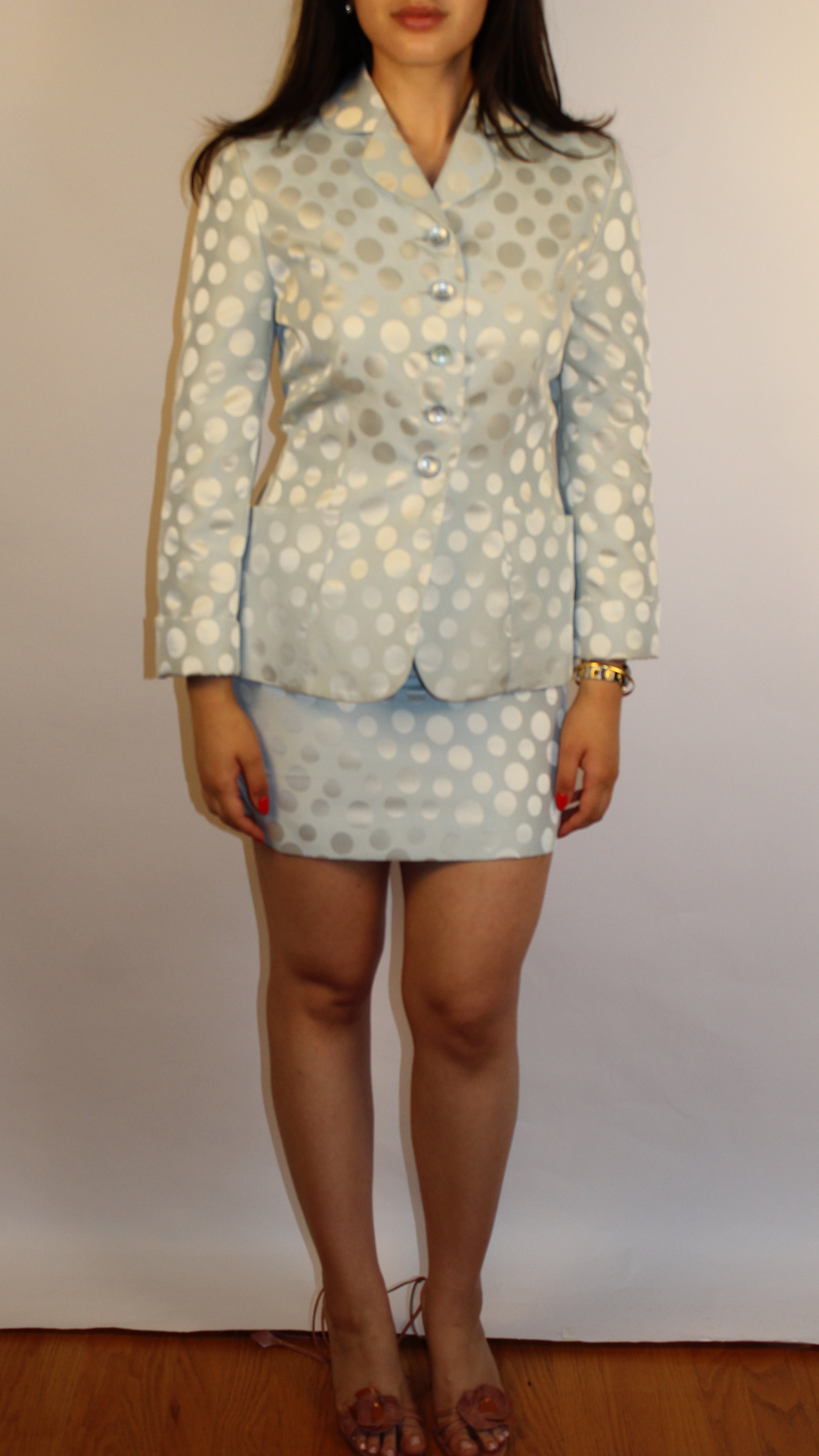 Light Blue Polka-Dot Mini Skirt Suit Set