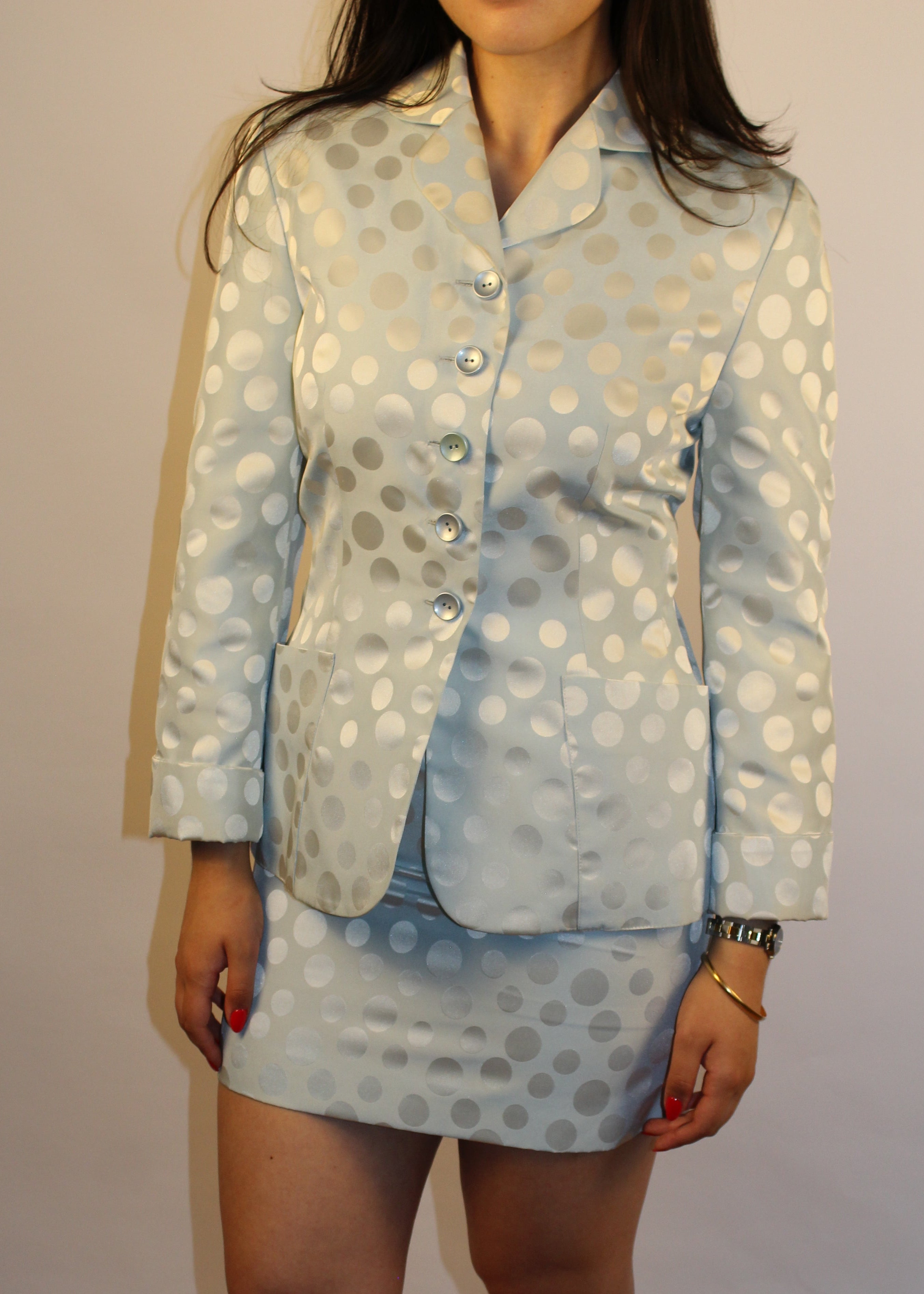 Light Blue Polka-Dot Mini Skirt Suit Set