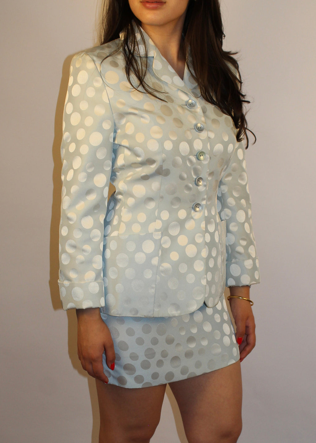 Light Blue Polka-Dot Mini Skirt Suit Set