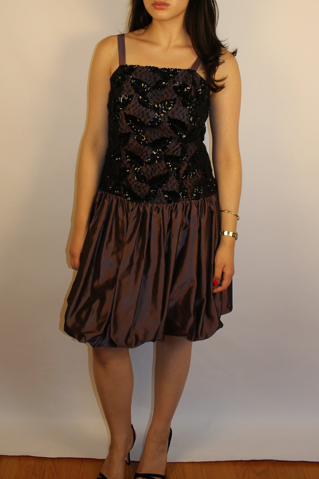 Black & Plum Beaded Knee-Length Dress