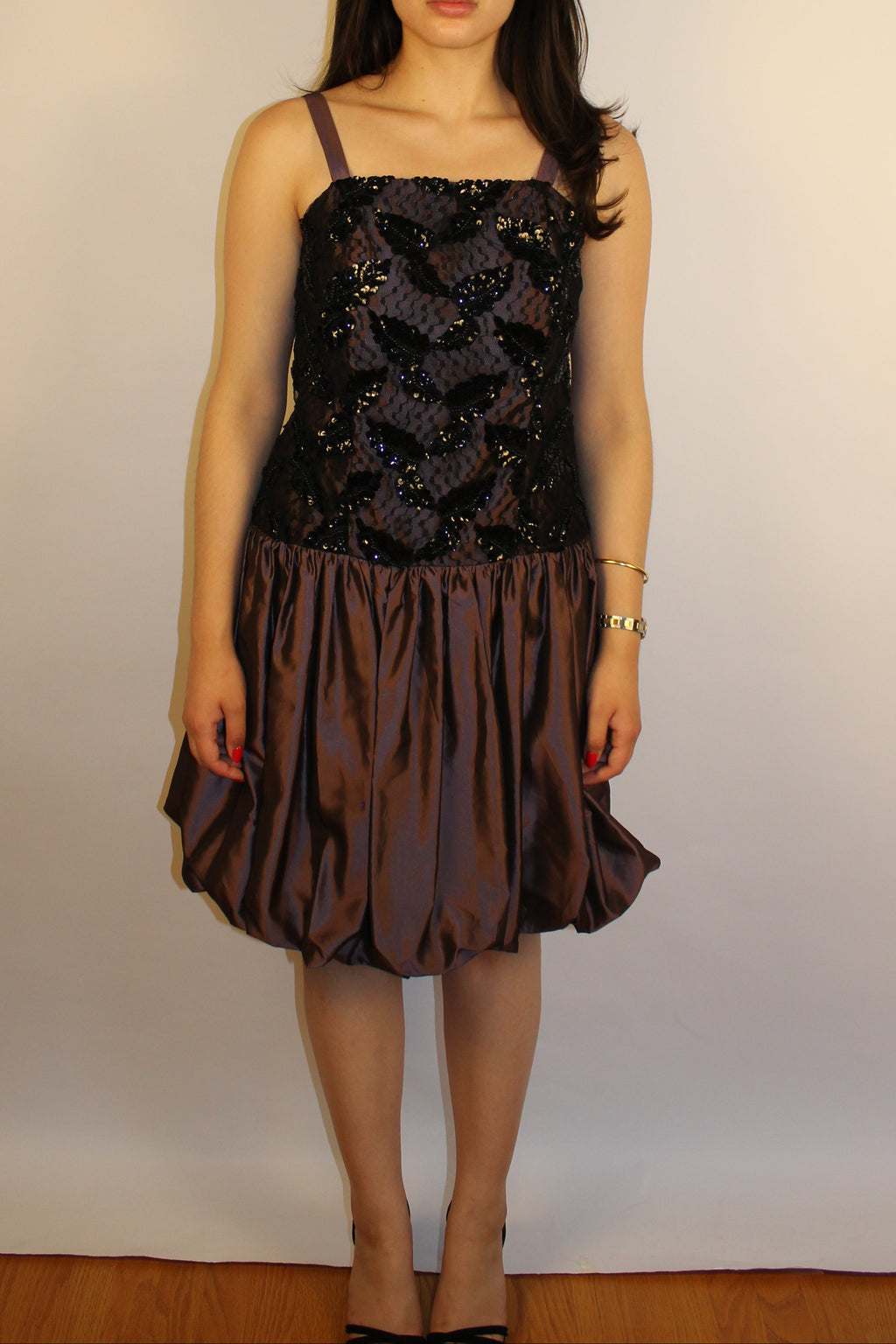 Black & Plum Beaded Knee-Length Dress