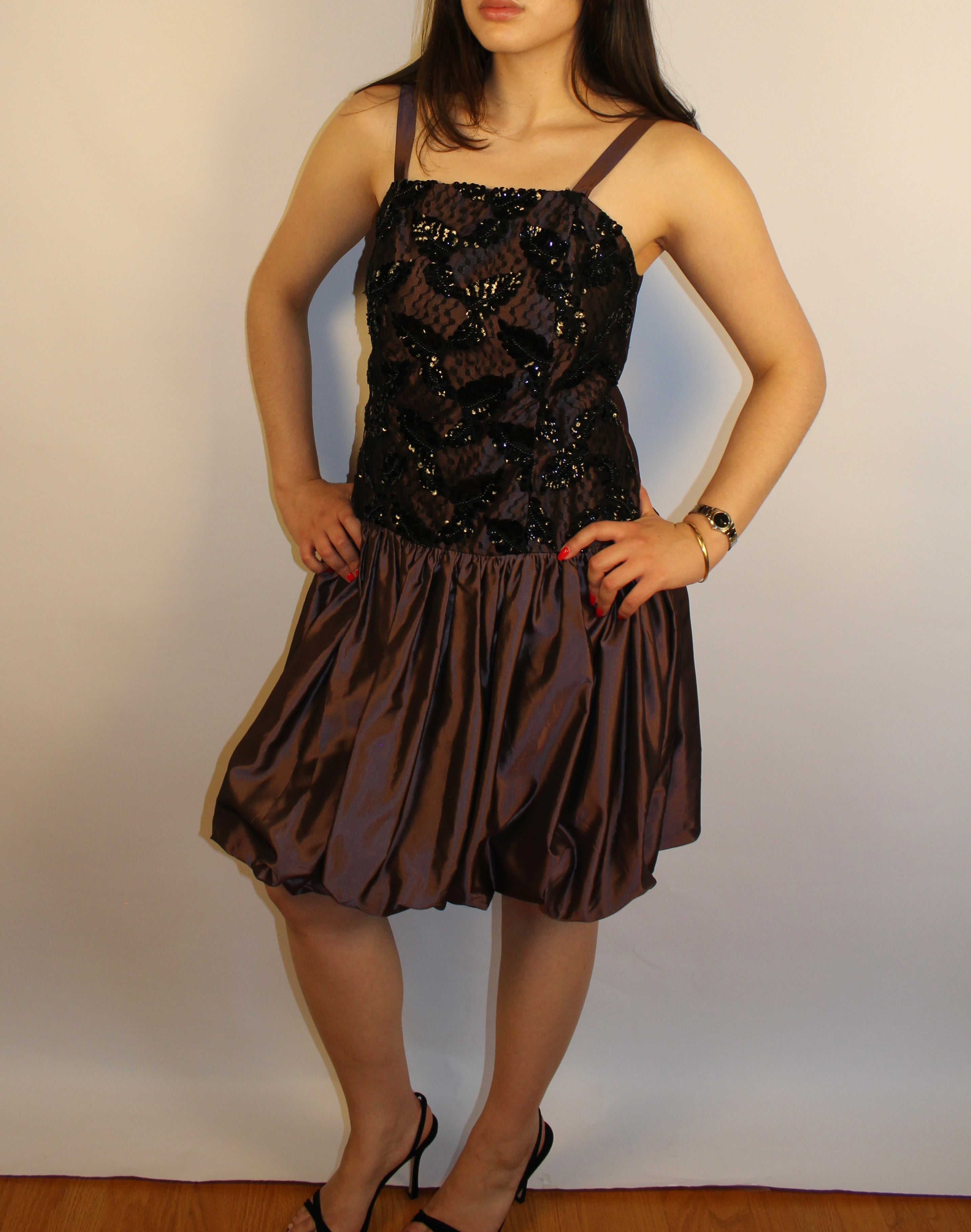 Black & Plum Beaded Knee-Length Dress