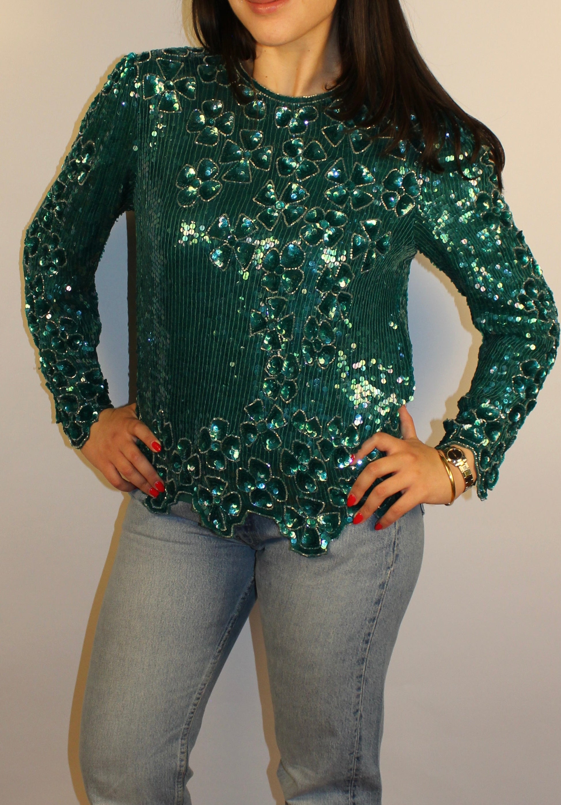 Turquoise Beaded Long-sleeve Top