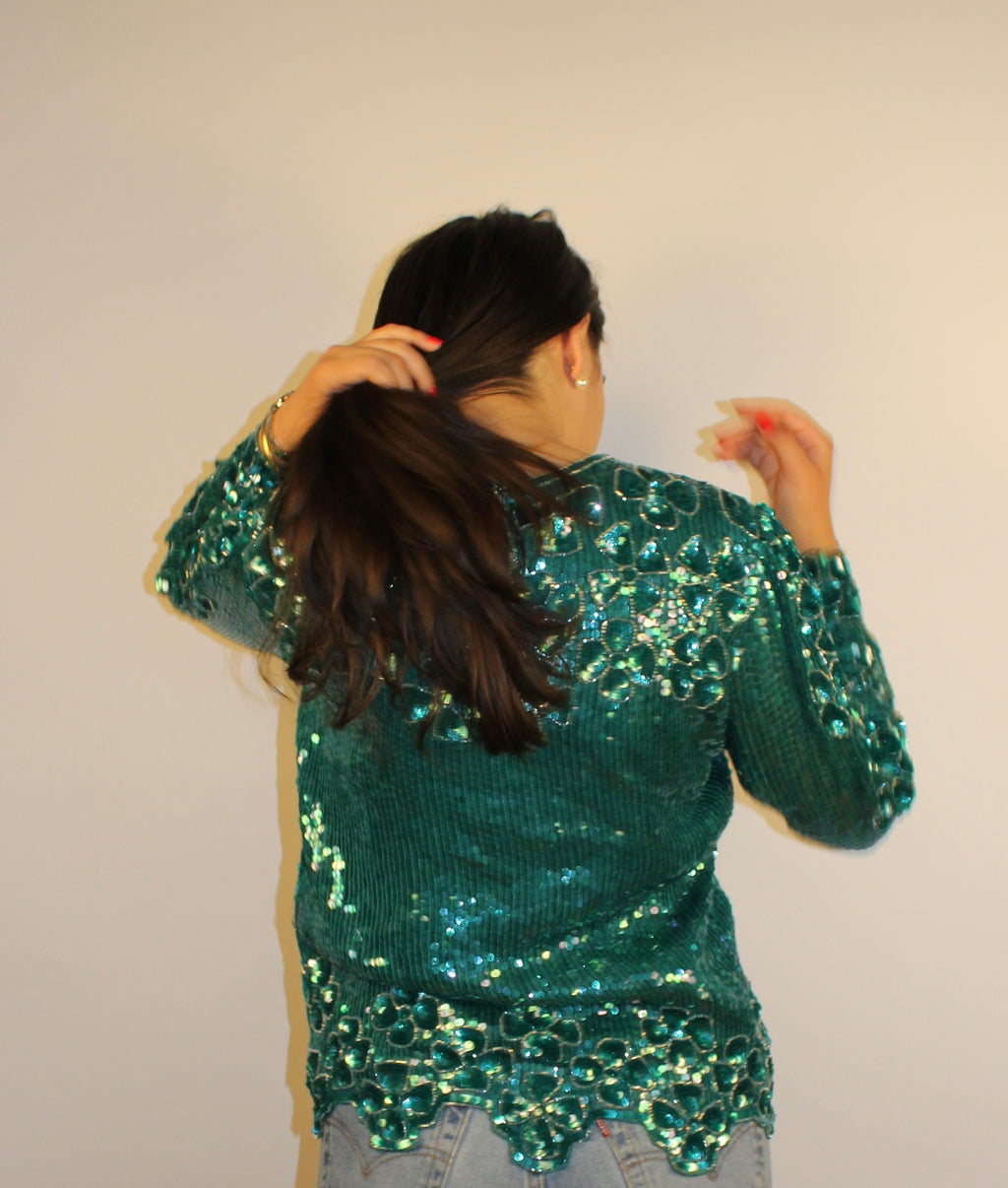 Turquoise Beaded Long-sleeve Top