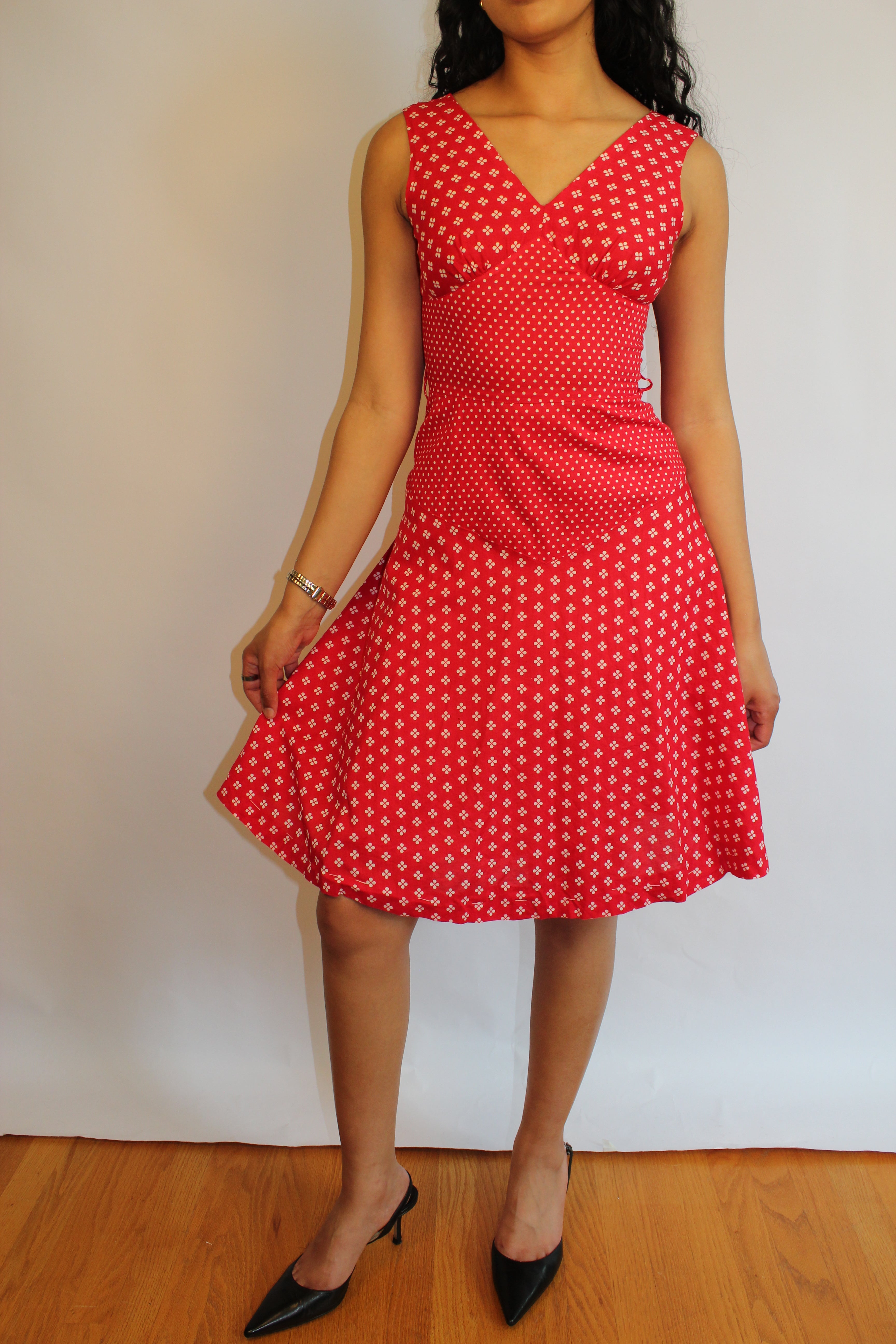 Red & White Printed Knee Length Dress