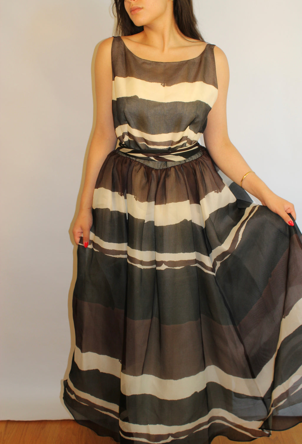 Striped Full-Length 100% Silk Dress