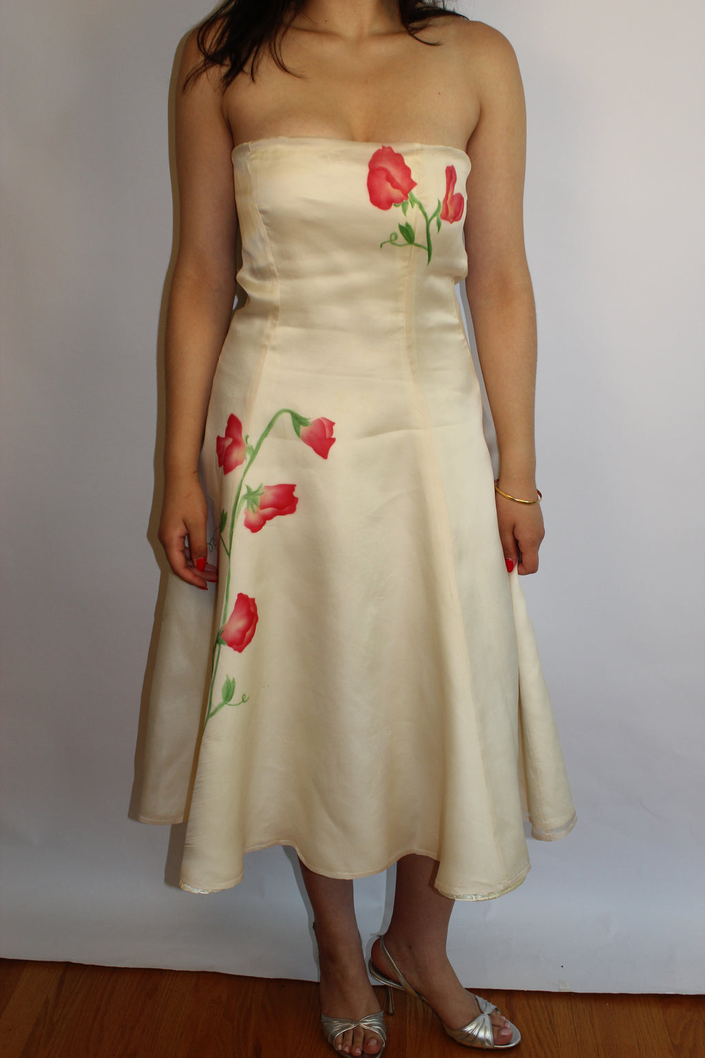Cream & Flower Design Midi Dress